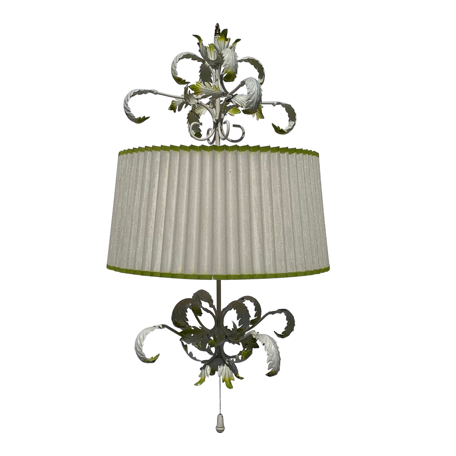 1960's Wrought Iron Stamped Steel Swag Lamp With Brass Chain: 1960's Wrought Iron Stamped Steel Swag Lamp With Brass Chain and Pleated linen shade with lime green edge detail. Condition: Alterations: Original Condition Unaltered Imperfections: Some