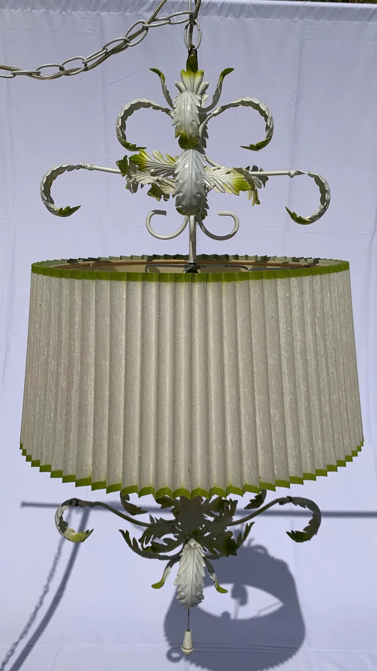 1960's Wrought Iron Stamped Steel Swag Lamp With Brass Chain - 2