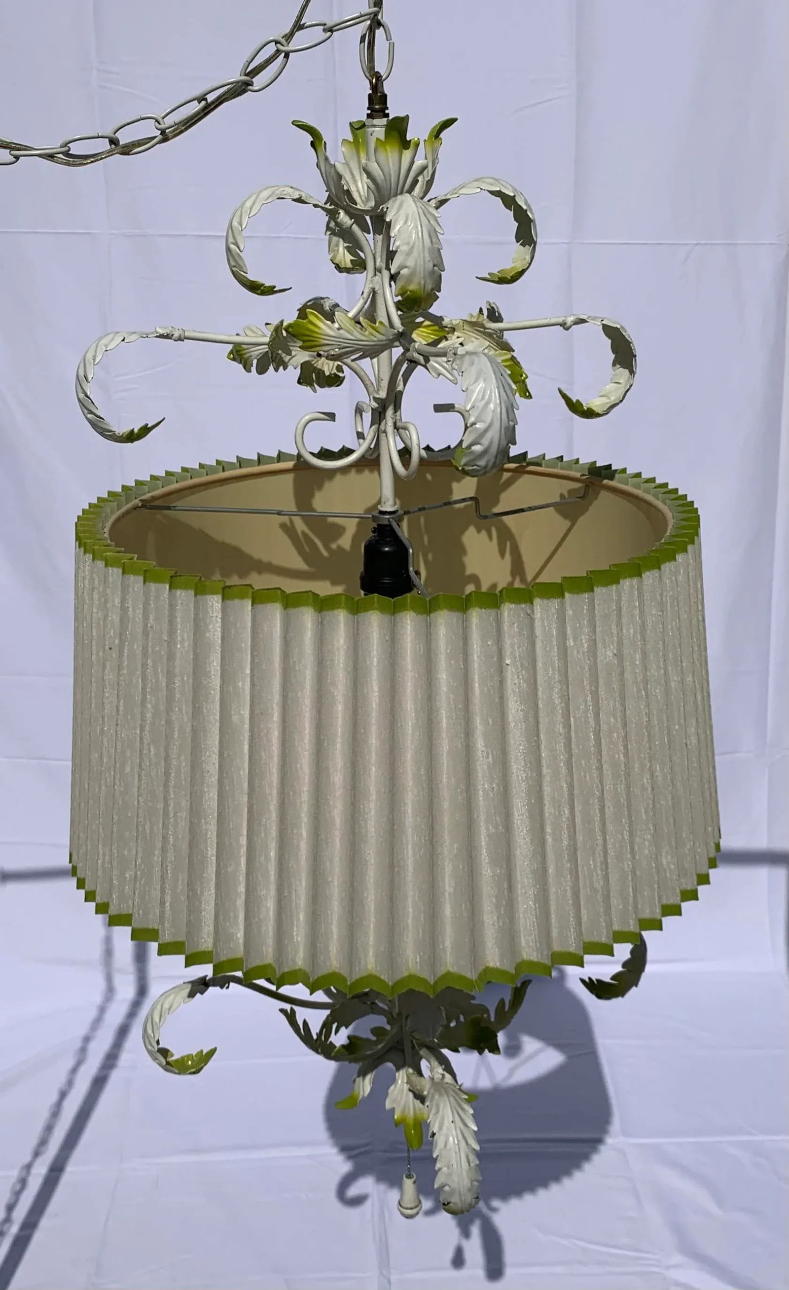 1960's Wrought Iron Stamped Steel Swag Lamp With Brass Chain - 3