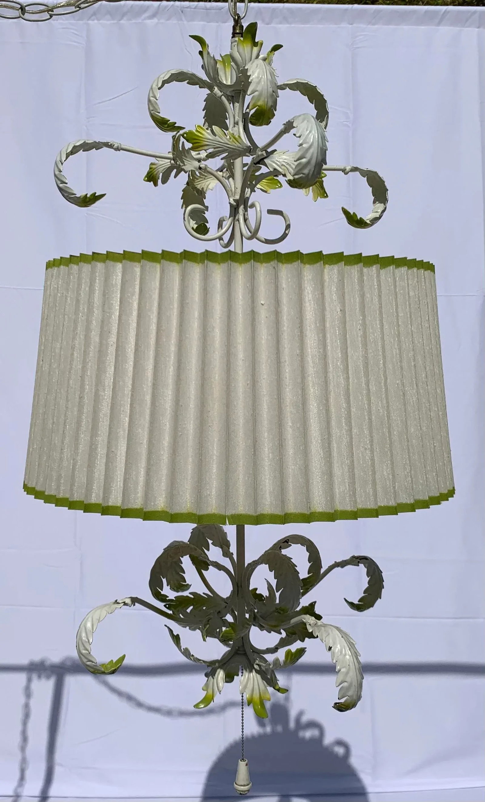 1960's Wrought Iron Stamped Steel Swag Lamp With Brass Chain - 4