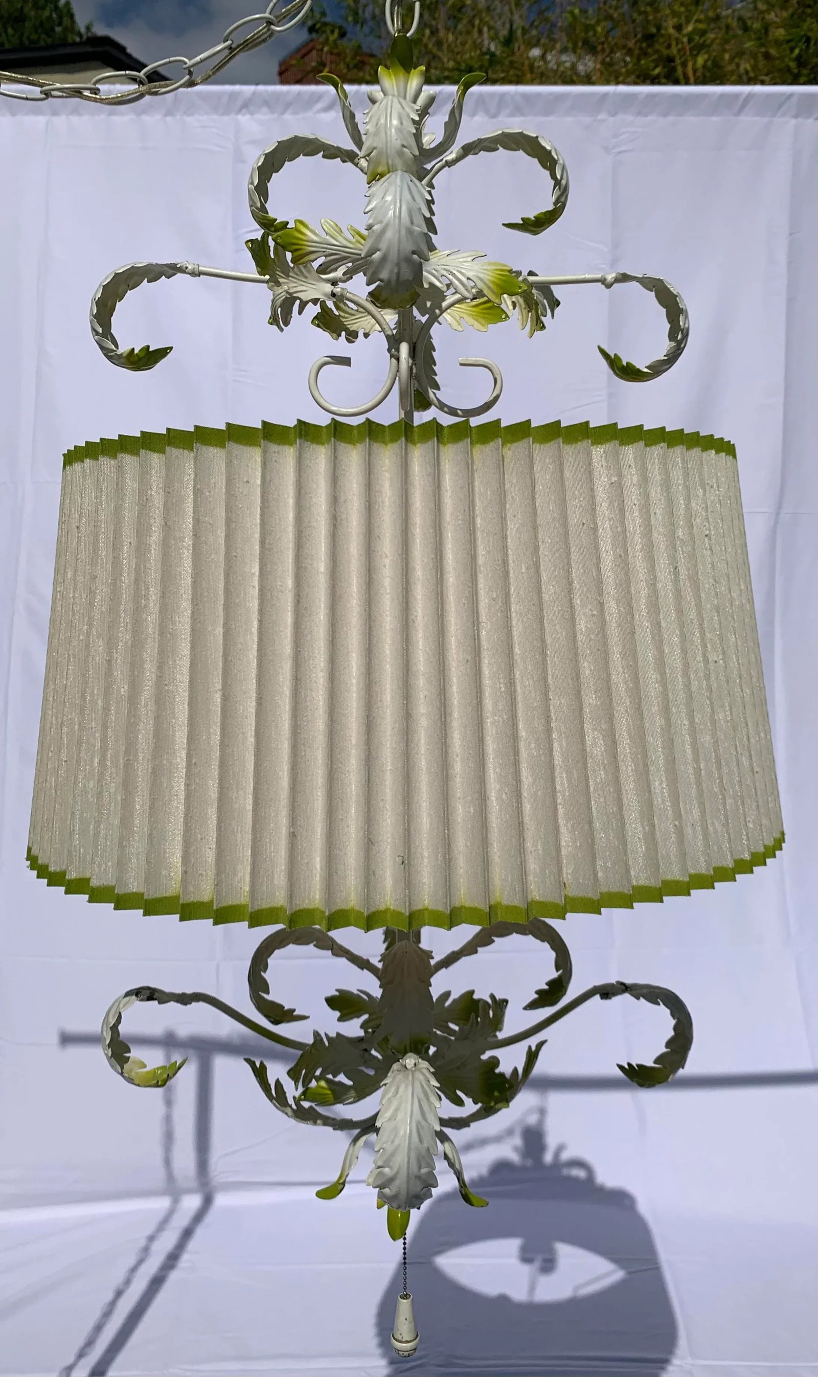 1960's Wrought Iron Stamped Steel Swag Lamp With Brass Chain - 7