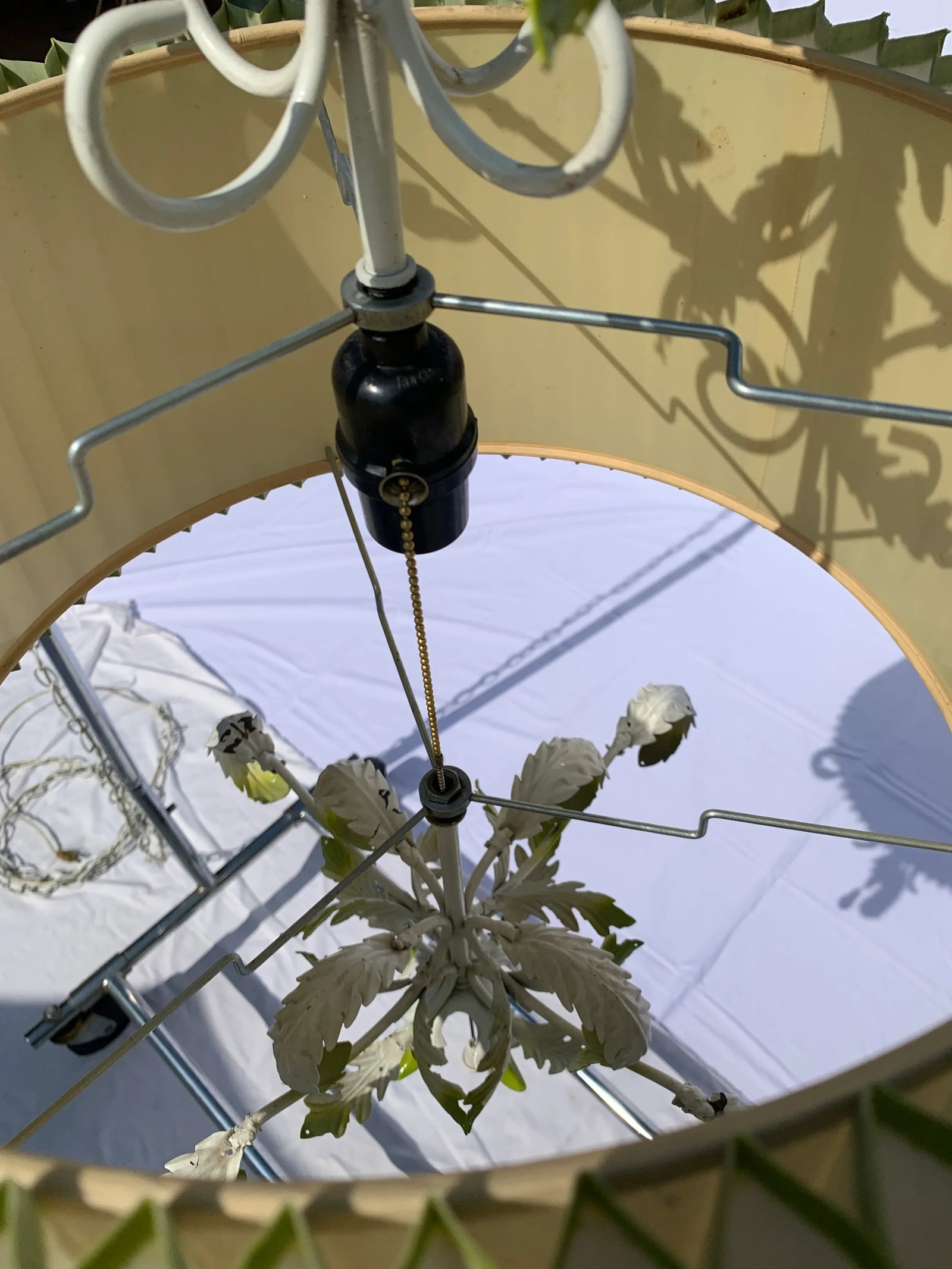 1960's Wrought Iron Stamped Steel Swag Lamp With Brass Chain - 9