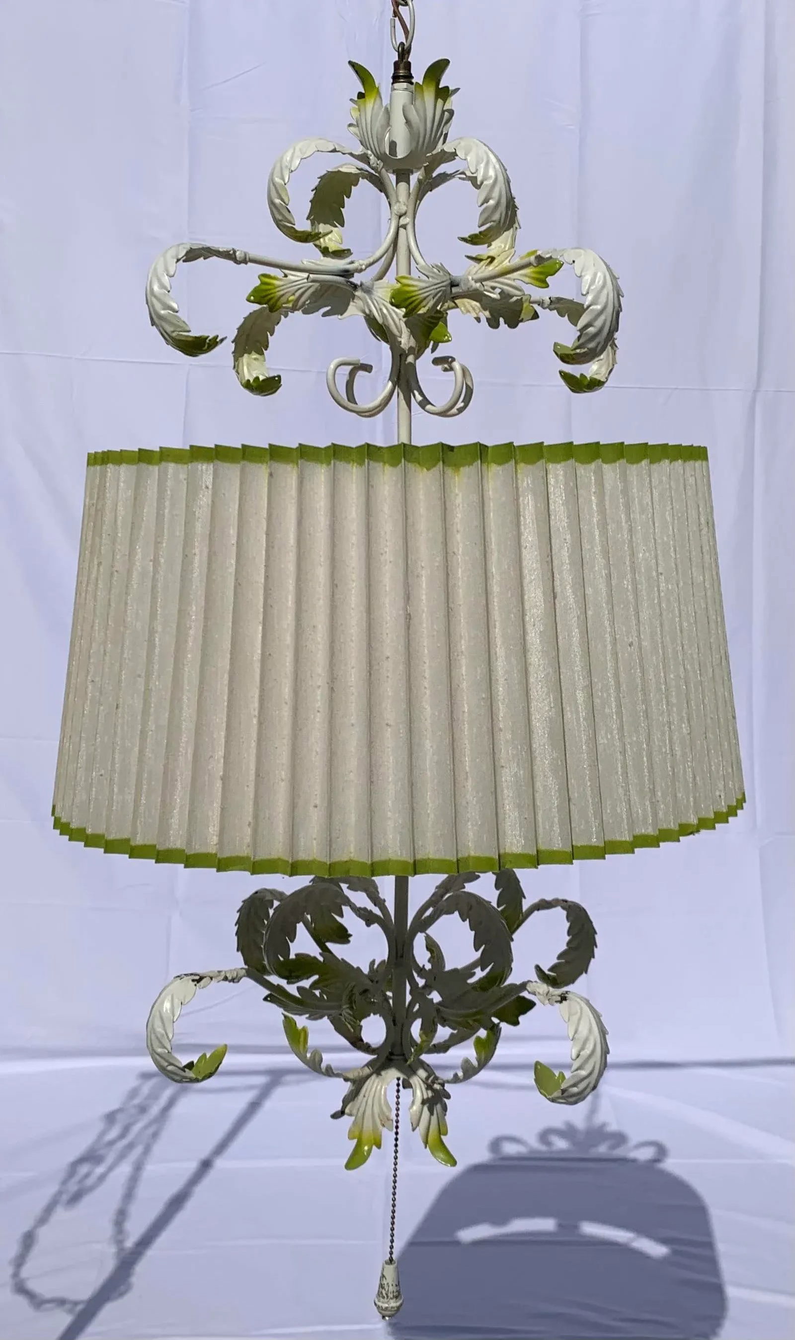 1960's Wrought Iron Stamped Steel Swag Lamp With Brass Chain - 2