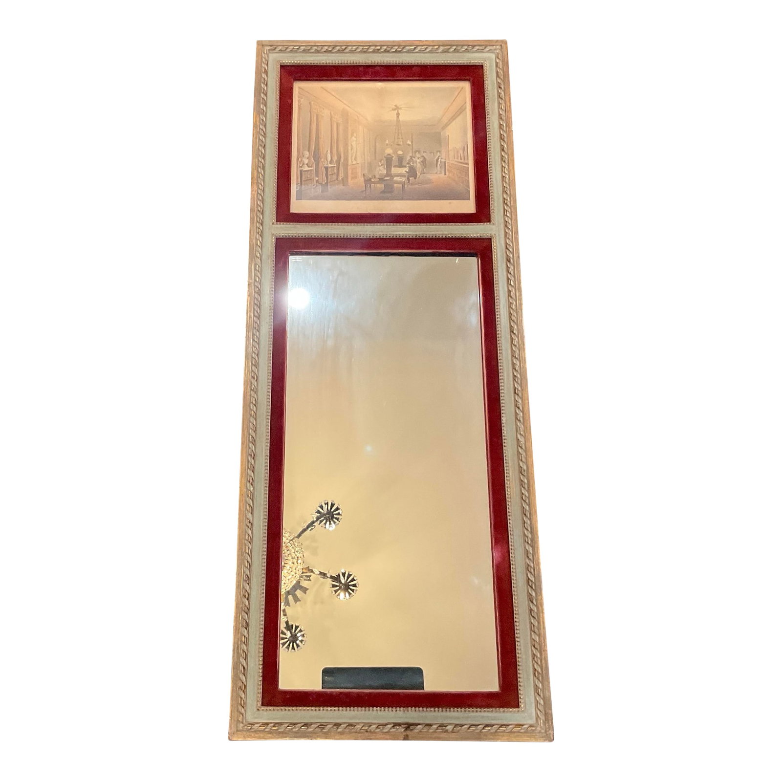 Antique European Gallery Mirror With Framed Print, Circa 1900: Antique European wall piece featuring a two-part vertical composition with a framed academic interior print above a mirror panel below. The upper section depicts a neoclassical gallery scene with