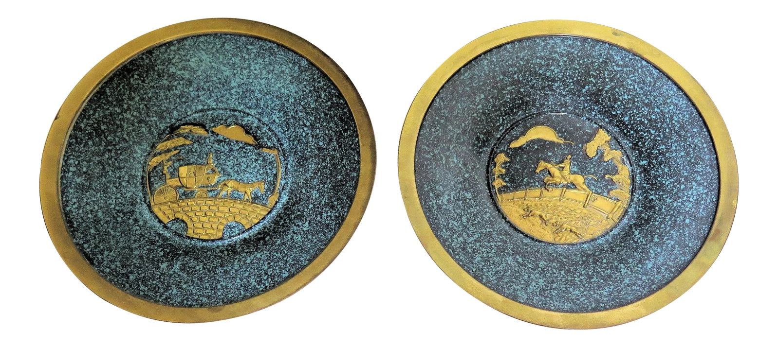 Vintage London England Brass Souvenir Plates - Set of 2: Turquoise mosaic motif brass plates featuring an equestrian event on one plate and a carriage on a bridge on the other one. These were typical remembrance plates of the 1950s. My mother brought these 