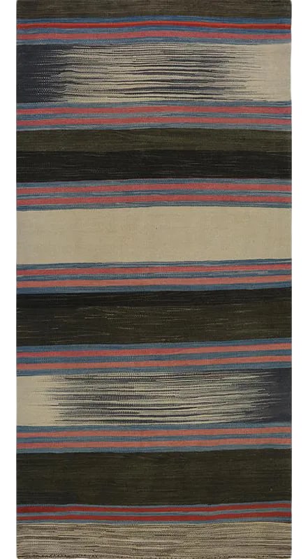 Handwoven Scandinavian Style Persian Kilim Rug 3'4"*6'10": This strikingly beautiful example of a contemporary handwoven flatweave Scandinavian style kilim rug features a fun pop of vibrant colors in an elegantly minimalist abrashed multi-color design. The
