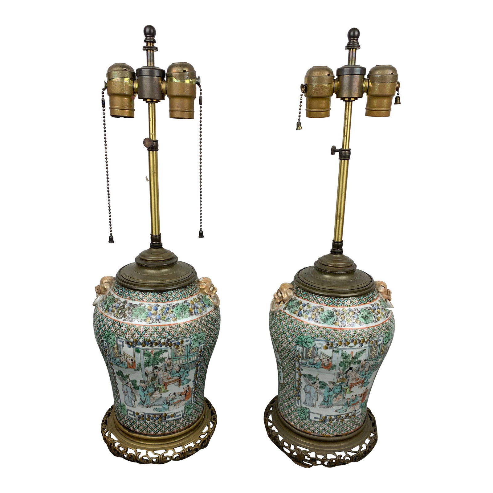 Antique Chinese Table Lamps, Set of 2: A pair of Antique Chinese Famille Rose porcelain ginger jar lamps resting in brass filigree base. From the collection of Bob and Dolores Hope from their estate located in Toluca Lake, California. Cond