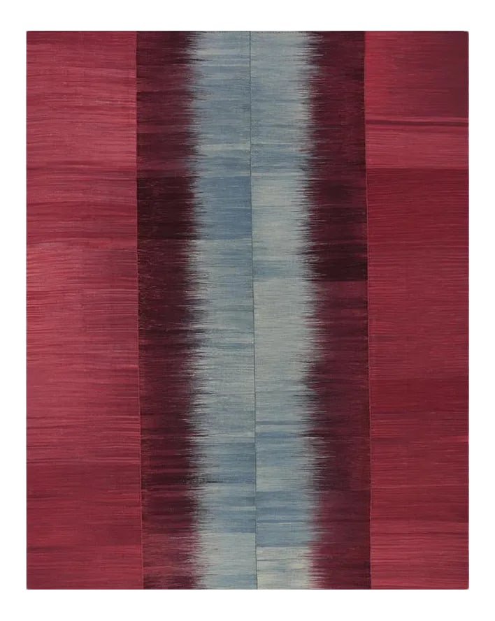 Handwoven Flatweave Scandinavian Style Persian Kilim Rug 8'2" X 10'2": This strikingly beautiful example of a contemporary hand-woven flatweave Persian Kilim tribal rug features bright vibrant colors in a minimalist setting of alternating abrashed stripes of red and blue
