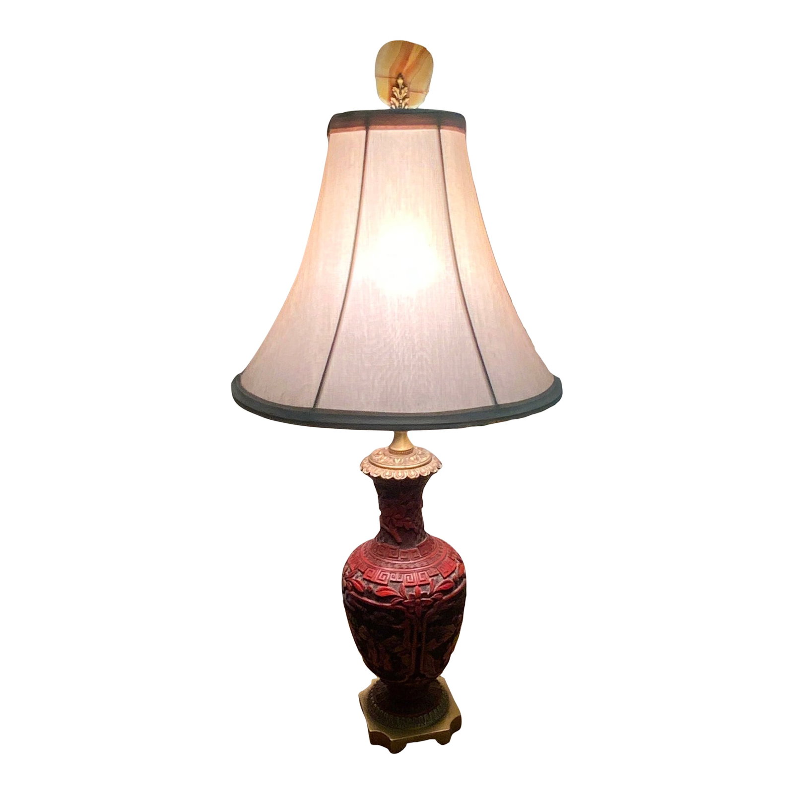 Vintage Hand-Carved Chinese Cinnabar Lacquer Lamp With Brass Base and Agate Finial (1 of 10)
