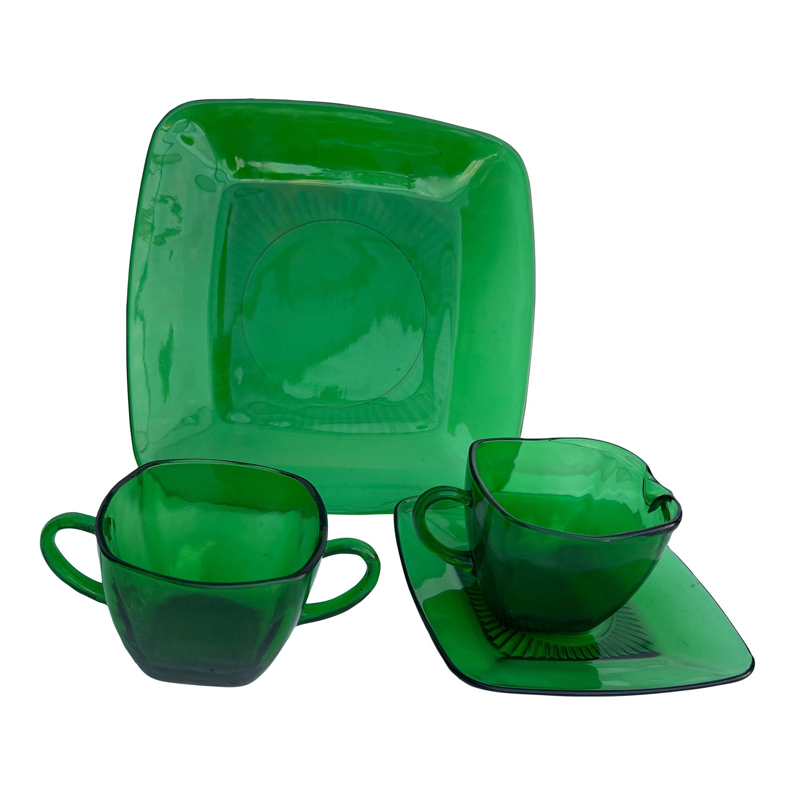 Vintage Mid Century 1940 Green Glass Sugar Bowl, Creamer & Plate Set of 4: Mid Century ,1940 Pressed depression glass set. Made by Fire King Anchor Hocking. Create a great Christmas holiday Dessert & Tea station with this set. Matching items listed separately. Plate : 8.25" 