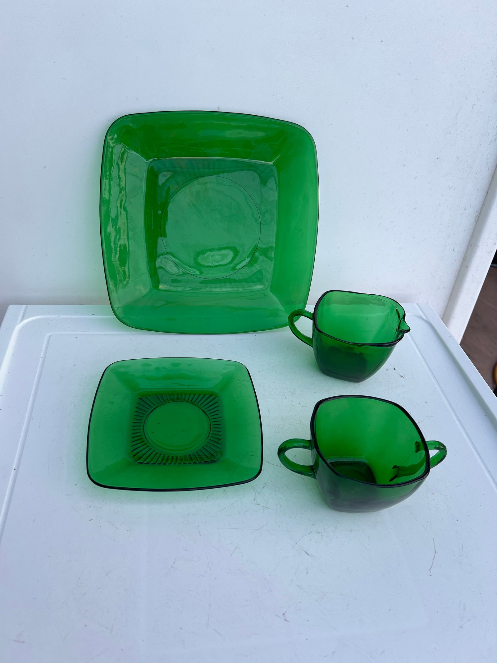 Vintage Mid Century 1940 Green Glass Sugar Bowl, Creamer & Plate Set of 4 - 2