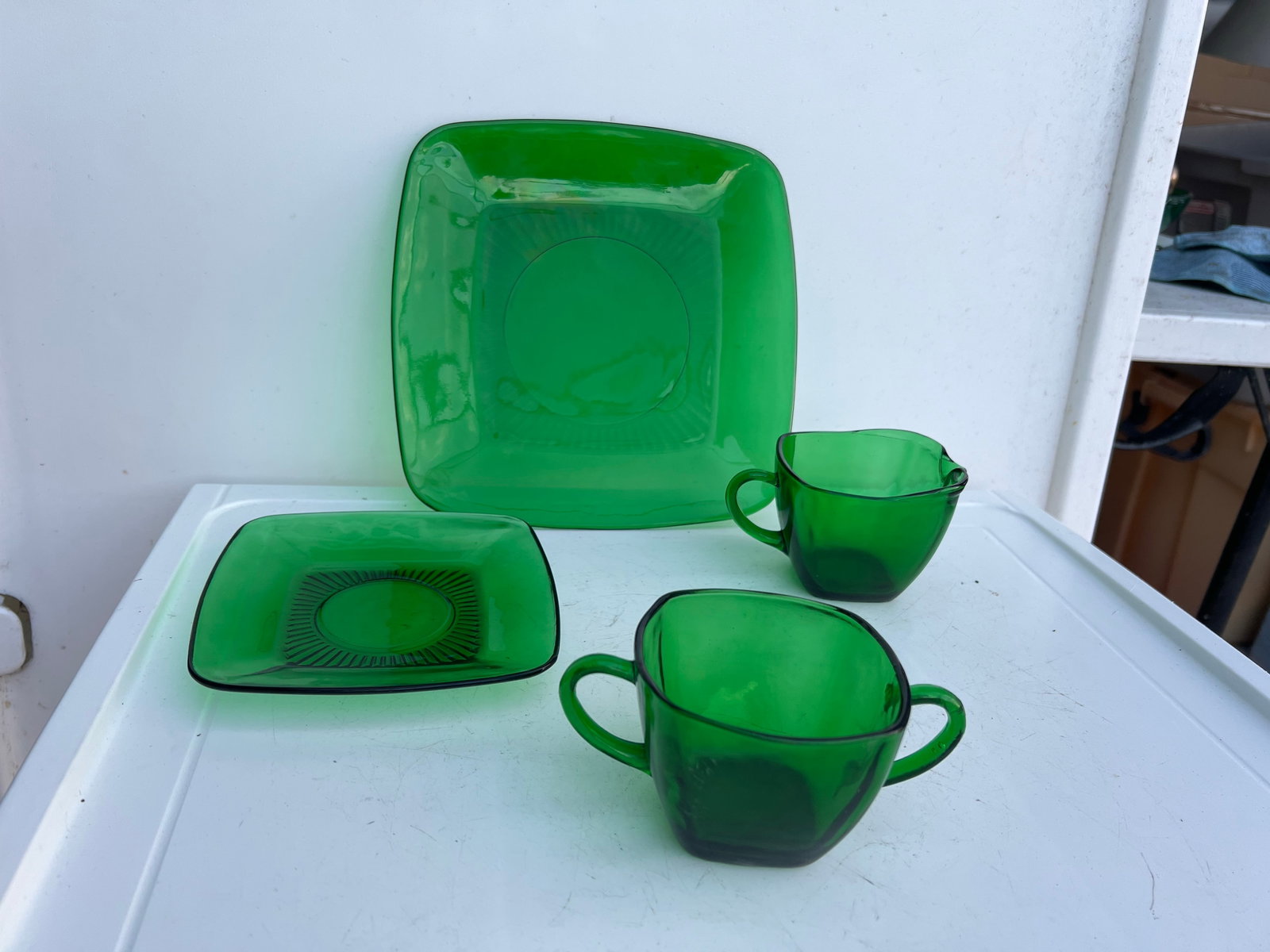 Vintage Mid Century 1940 Green Glass Sugar Bowl, Creamer & Plate Set of 4 - 3