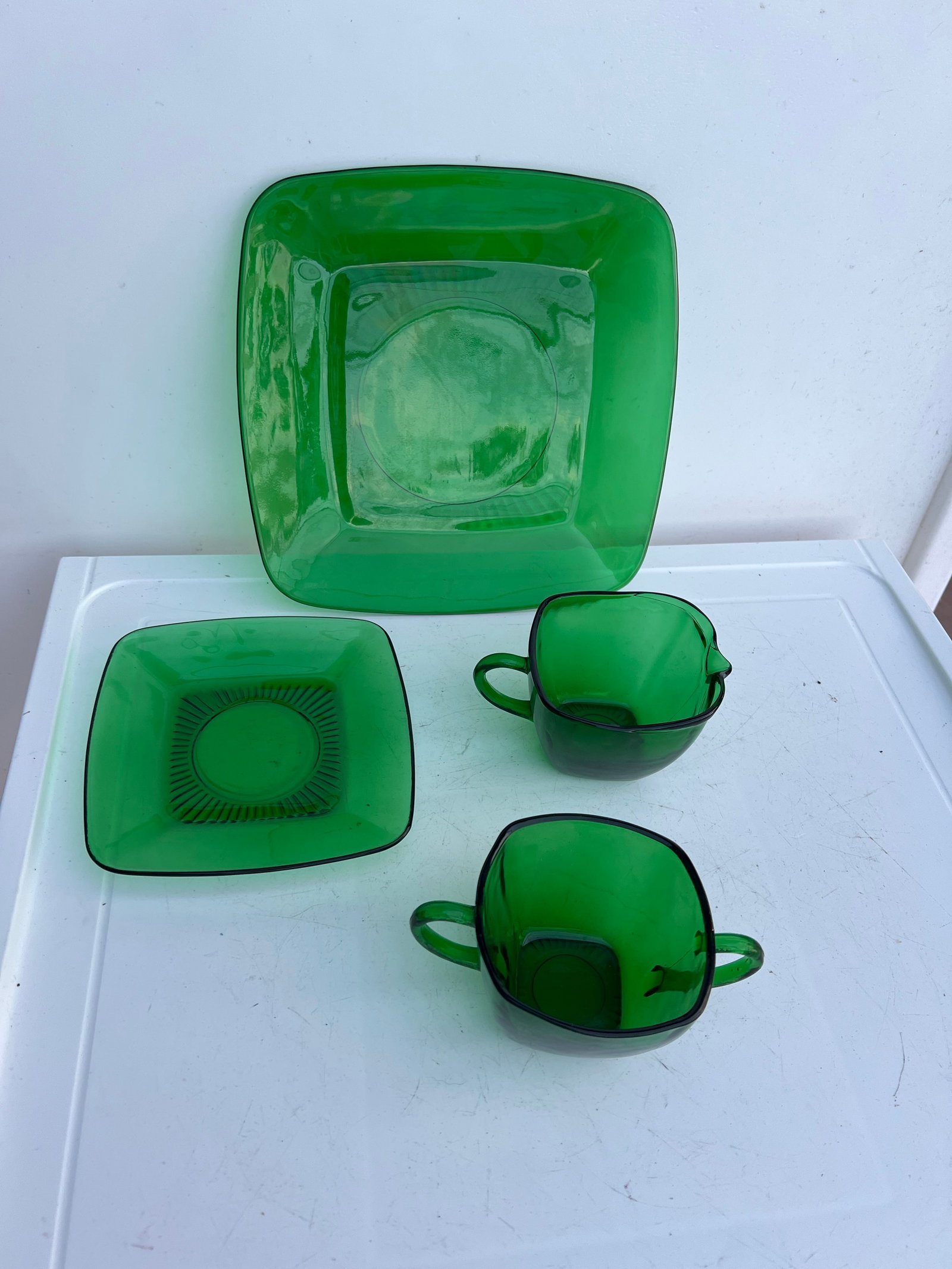 Vintage Mid Century 1940 Green Glass Sugar Bowl, Creamer & Plate Set of 4 - 4