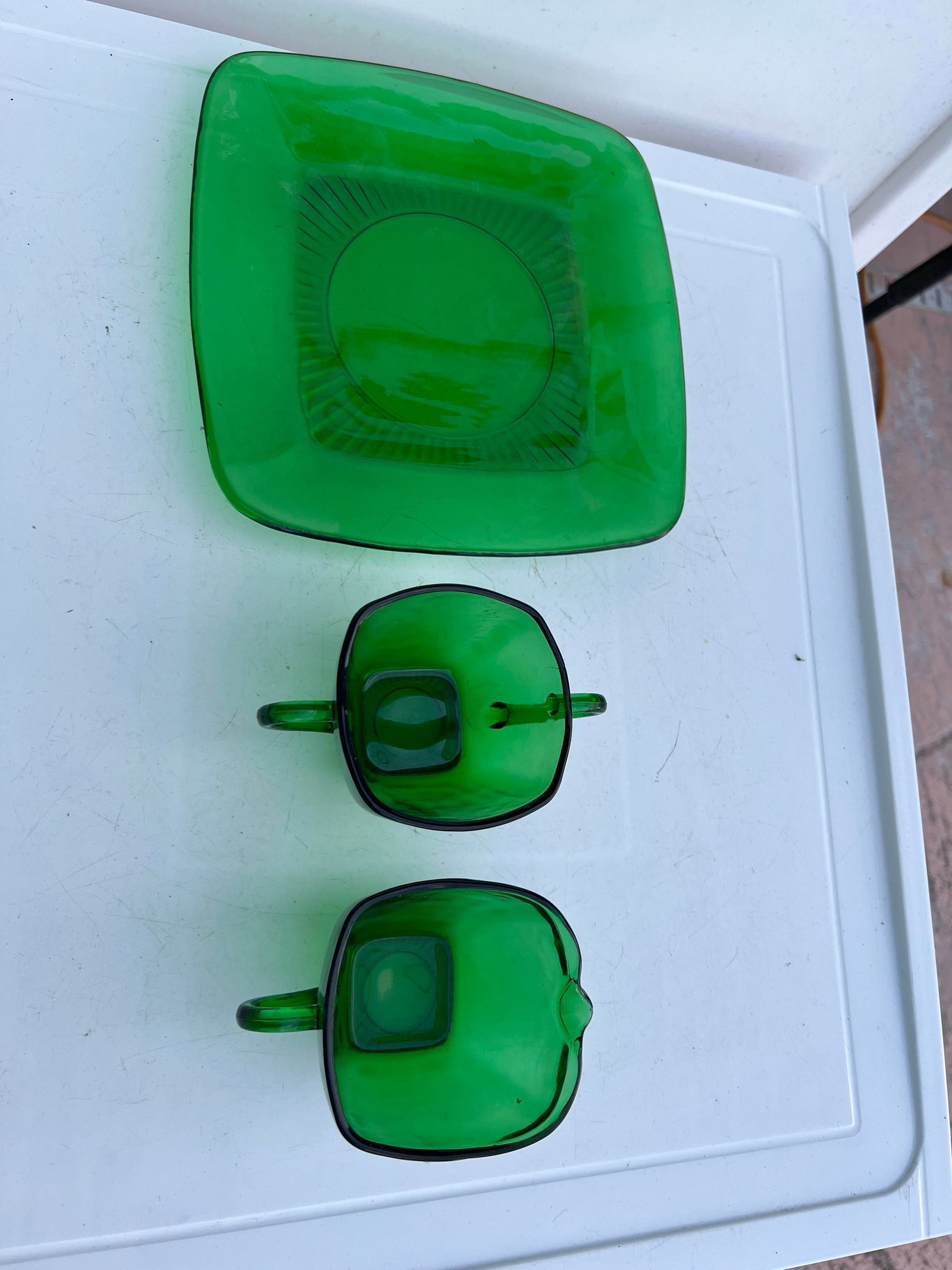 Vintage Mid Century 1940 Green Glass Sugar Bowl, Creamer & Plate Set of 4 - 5