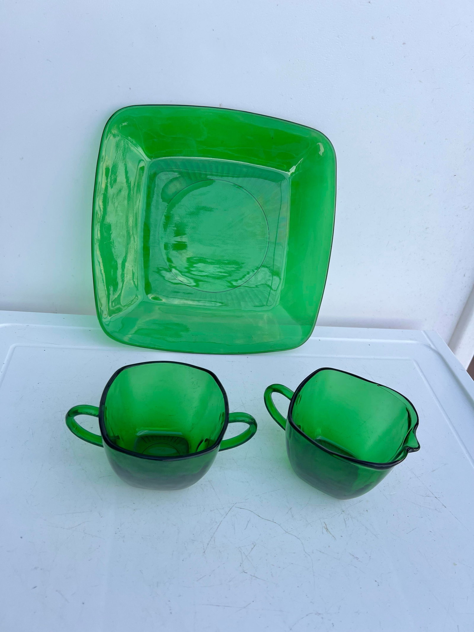 Vintage Mid Century 1940 Green Glass Sugar Bowl, Creamer & Plate Set of 4 - 7