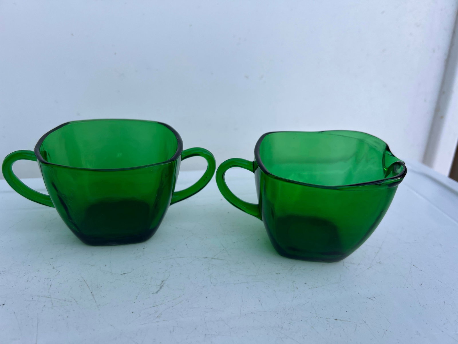 Vintage Mid Century 1940 Green Glass Sugar Bowl, Creamer & Plate Set of 4 - 8