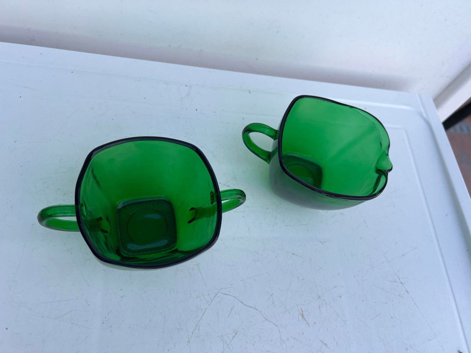 Vintage Mid Century 1940 Green Glass Sugar Bowl, Creamer & Plate Set of 4 - 9