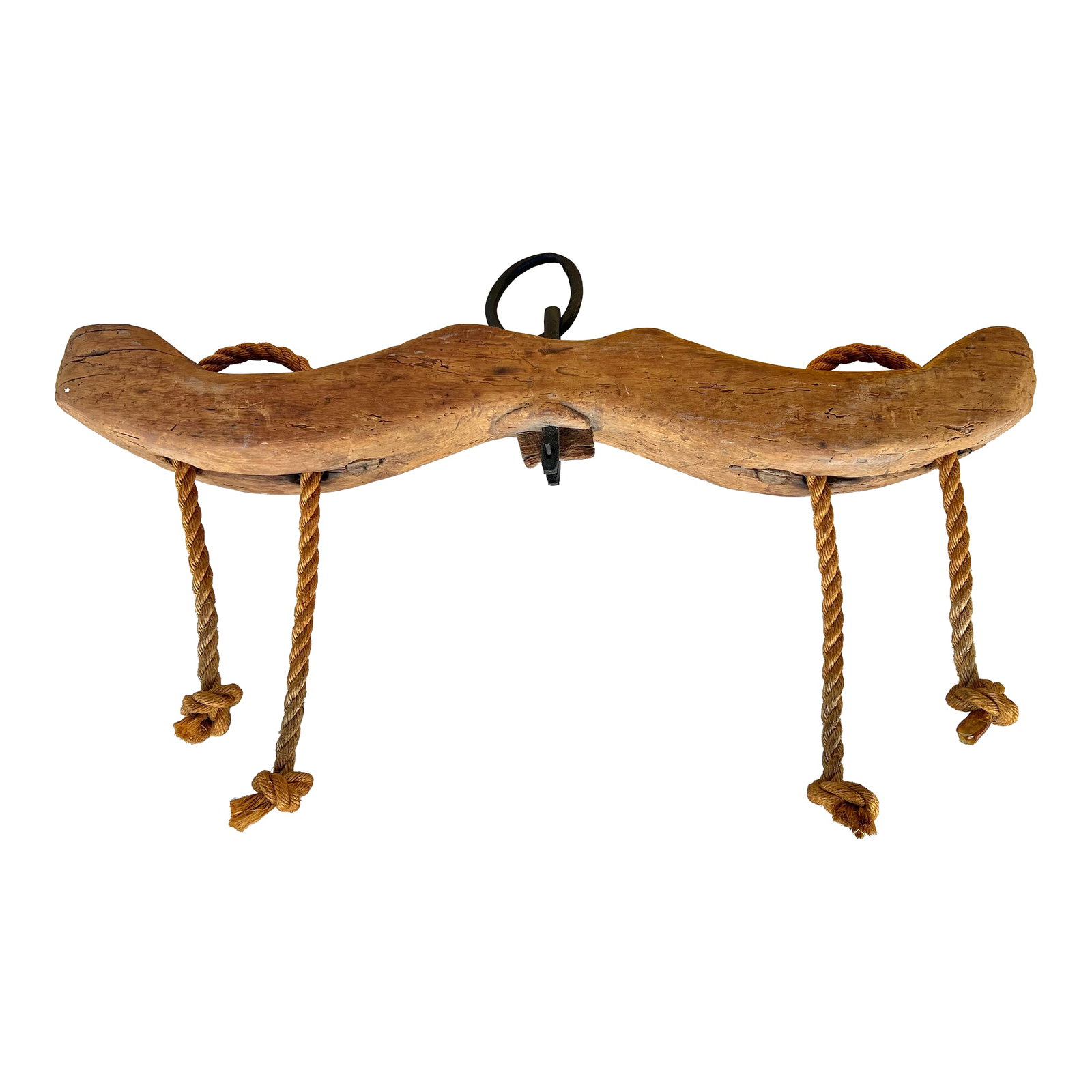 Antique Double Oxen Yoke: Antique hand made wood yoke late 18th/early 19th century. Hand-carved wood structural foundation with hand-forged steel brackets, hoops, and bolts that demonstrate period metalworking expertise. The b
