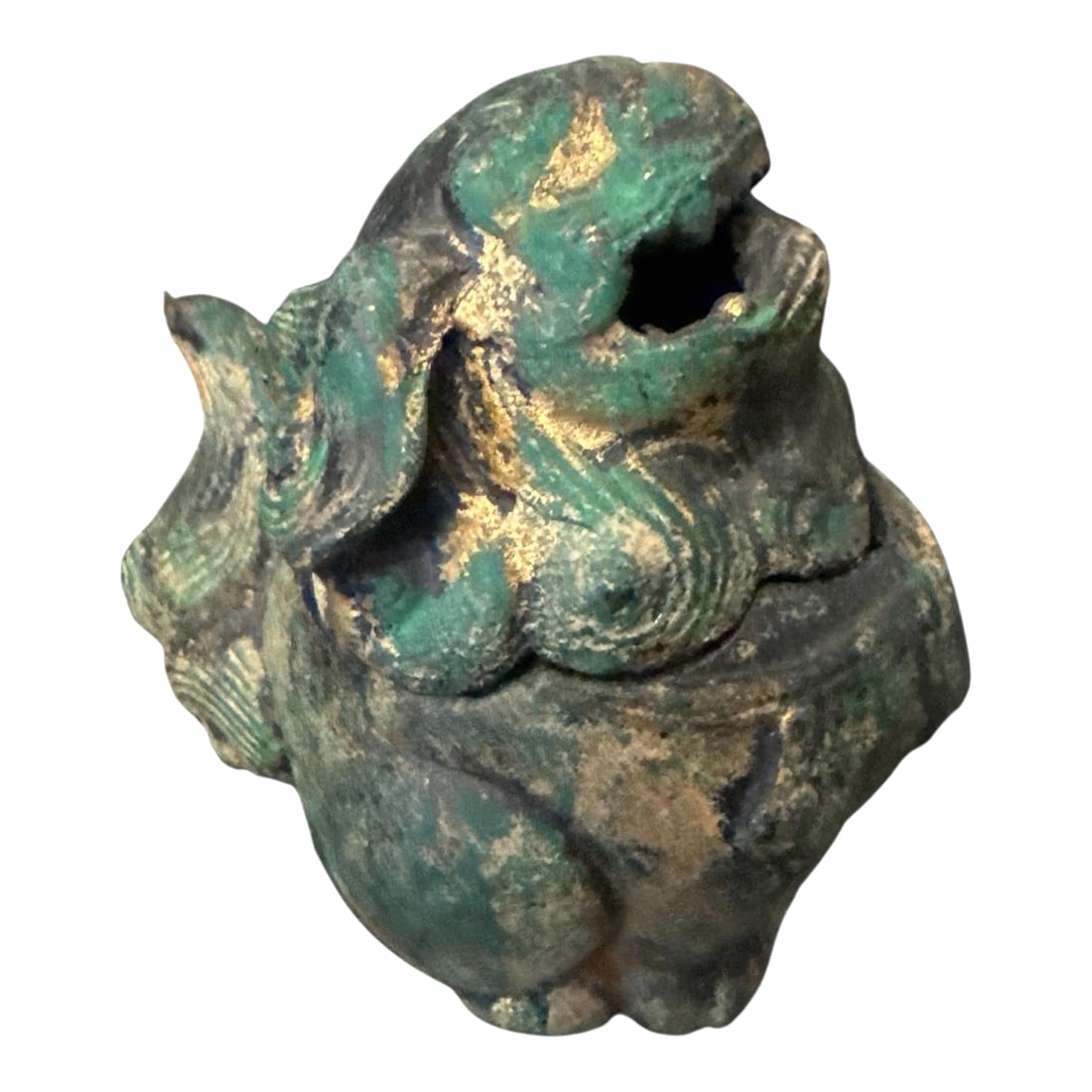 Antique 19th C. Bronze Foo Dog Incense Burner With Aged Verdigris Patina - Qing Era Asian Antique: A small but powerful piece of Chinese craftsmanship, this 5-inch bronze Foo Dog incense burner carries both presence & history. Hand-cast from solid bronze, the figure serves as a guardian lion - its 