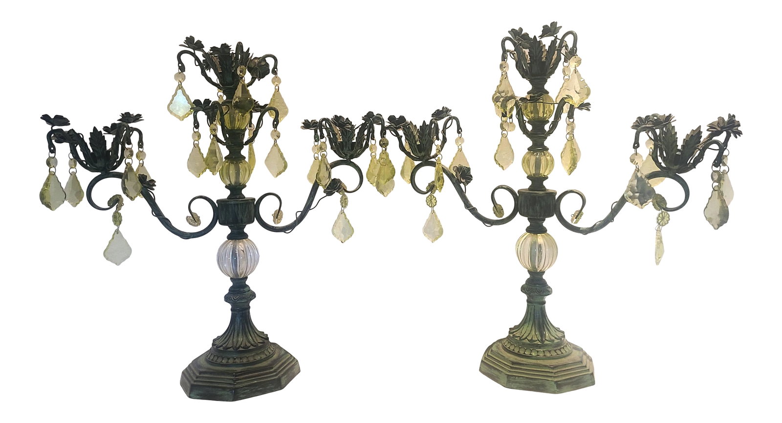 Late 20th Century Shabby Chic Candelabras with Yellow Crystals - a Pair: Beautiful one of a kind set of "shabby chic" candelabras with green-tint metal with yellow crystal accents. Each measures 18.5 x 18.5 x 6" deep, holds 6 candles (total 12 candles on 2 candelabras),