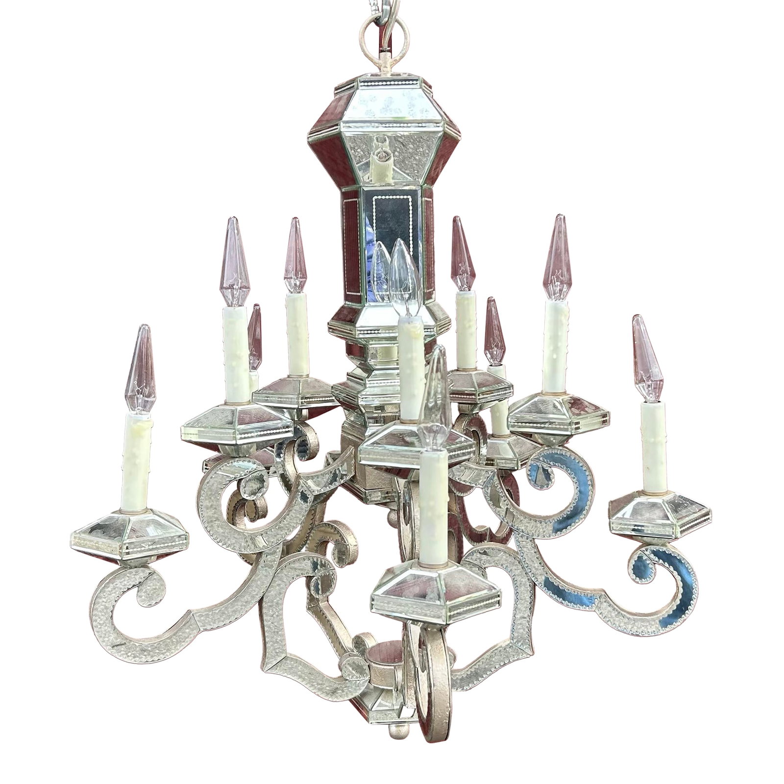 1990s Modern Ornate Decorative Venetian Mirrored 10 Arm Glass Chandelier: Modern, decorative, Venetian mirrored glass chandelier with ten arms. Great, working condition. Chain / Cord measures 21". Condition: Alterations: Original Condition Unaltered Imperfections: Some Impe