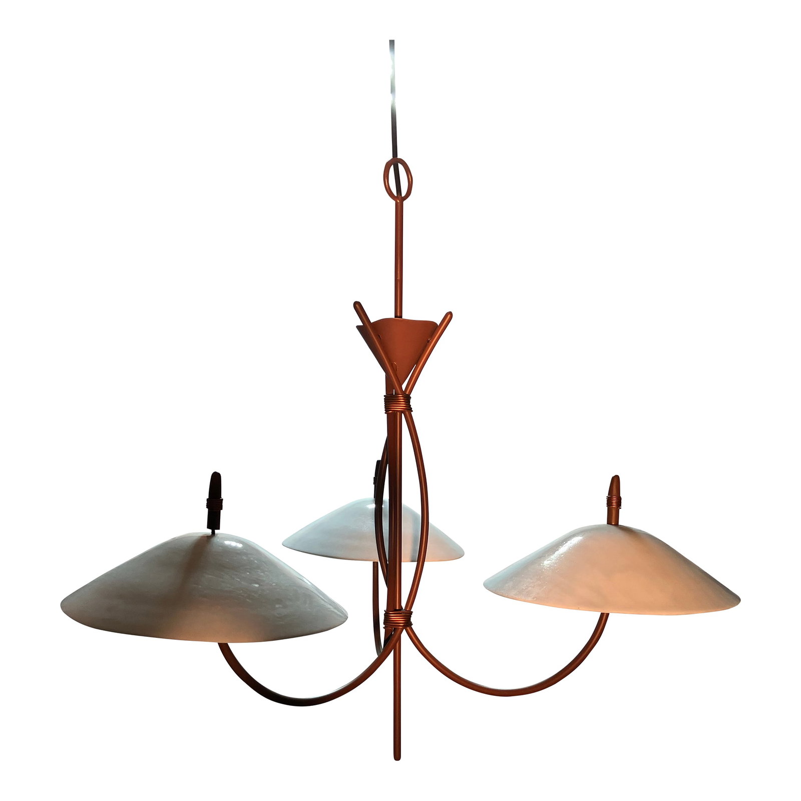 90's Robert Sonneman/ George Kovacs Pendant Fixture: This Kovacs pendant fixture dates from the 90's. Each arm is 75 watts for a total of 225 watts Brand new bulbs will be supplied The glass shades are hand blown The copper finish is original and the