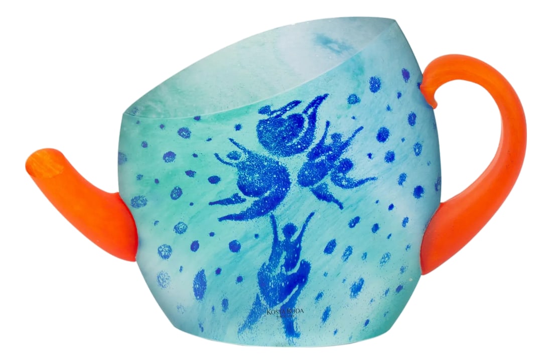 Kjell Engman Kosta Boda Limited Edition Teapot Sculpture: A limited edition glass teapot sculpture designed by the Swedish artist and design Kjell Engman (born 1946) and produced by Kosta Boda. This teapot sculpture has a bright red spout and handle and ligh