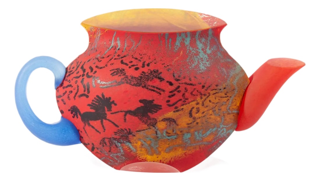 Kjell Engman Kosta Boda Atelier Teapot Sculpture: A Kosta Boda Atelier teapot sculpture designed by the Swedish artist and designer Kjell Engman (born 1946). Made in Sweden, this colorful teapot has a blue handle and predominantly red body. Horse des