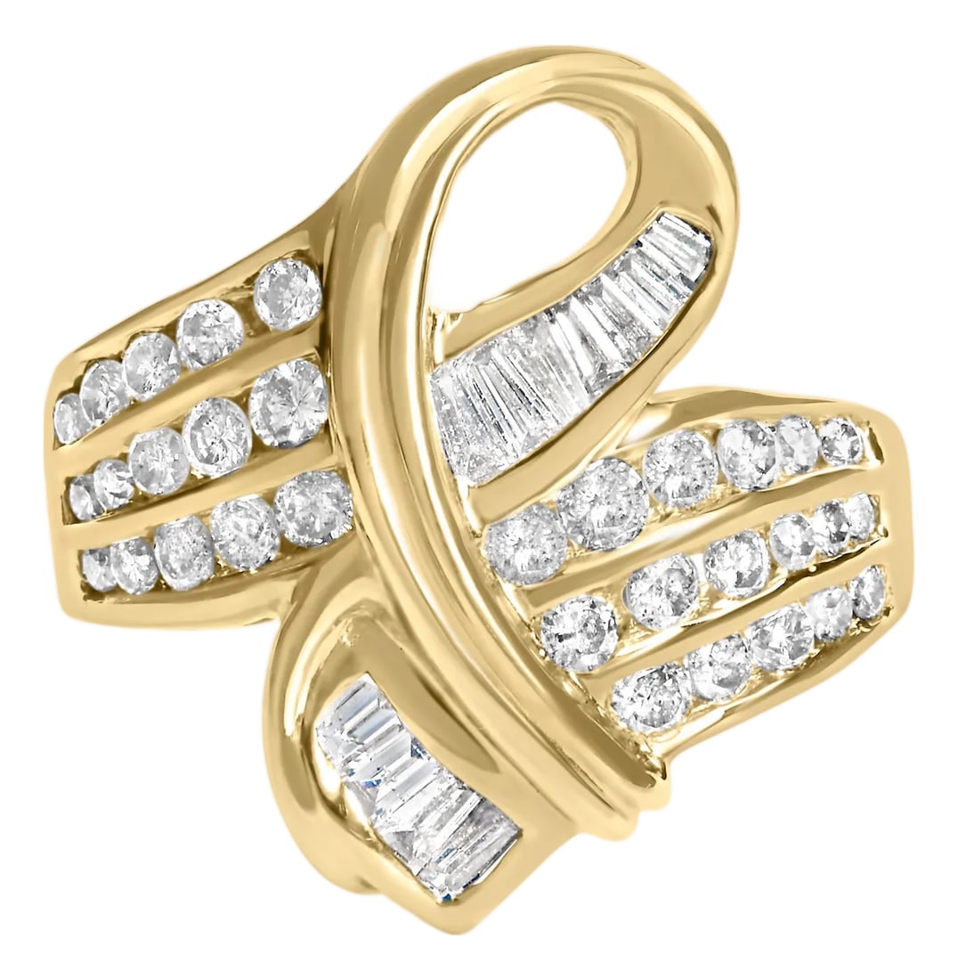 14K Yellow Gold 1 1/3 Cttw Channel Set Diamond Bypass Cocktail Ring (J-K Color, I1-I2 Clarity) - Rin: Crafted from radiant 14-karat yellow gold, this exquisite cocktail ring is a masterpiece of elegance and dynamism. Its unique bypass design, where the band gracefully splits and intertwines, forms