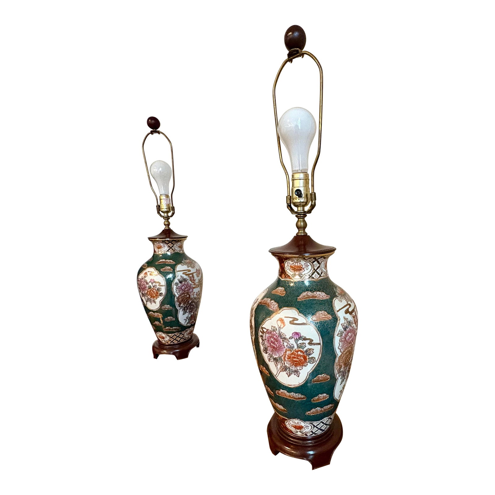 Late 20th Century Porcelain Vase Table Lamps: These lamps feature a dark green crackle-glaze finish on a porcelain body, decorated with hand-painted floral motifs, and rests on a wood base. Ideal for creating an impression of class and distinctio