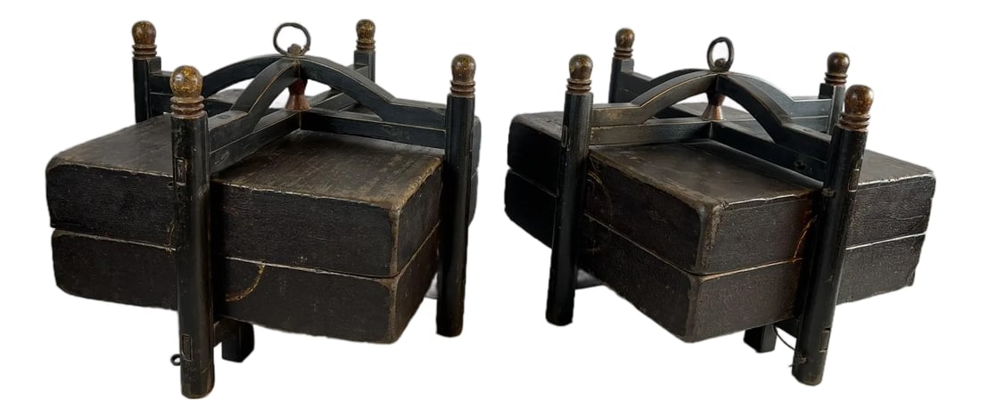 Two Antique Chinese Folk Art Wooded Travel Containers: The two antique looking covered boxes are containers with holders that have simple locking device to hold them in place. They would be carried on a pole by a manual laborer, moving items from place to