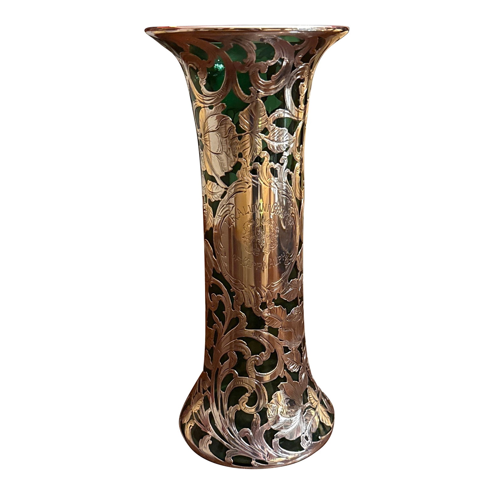 Antique Alvin American Art Nouveau Green Floral Silver Overlay Vase: Art Nouveau glass vase with engraved 999 silver overlay, ca 1900. Trumpet form with flared lip, beautifully detailed hand engraving in florals, foliate and scrolls. Blown glass with polished pontil on