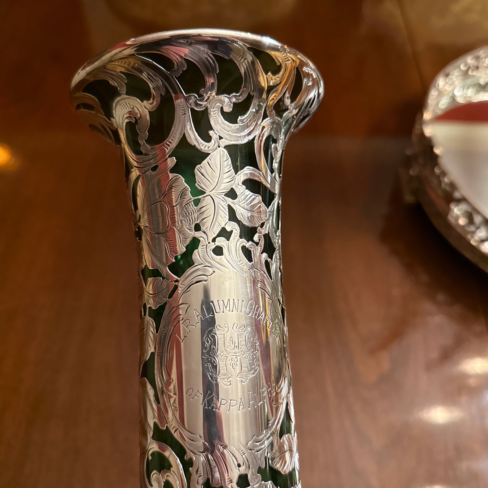 Antique Alvin American Art Nouveau Green Floral Silver Overlay Vase - 2