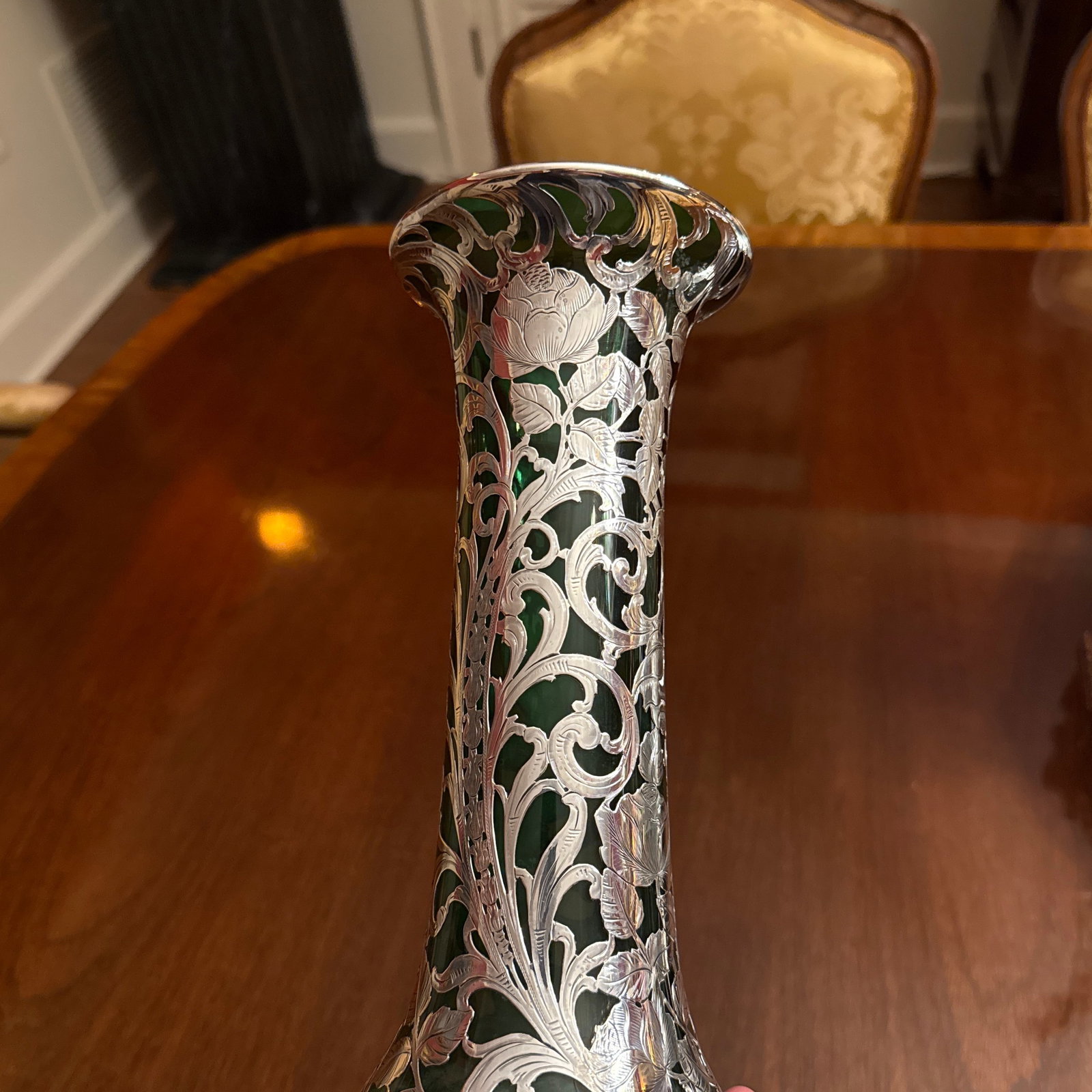 Antique Alvin American Art Nouveau Green Floral Silver Overlay Vase - 4