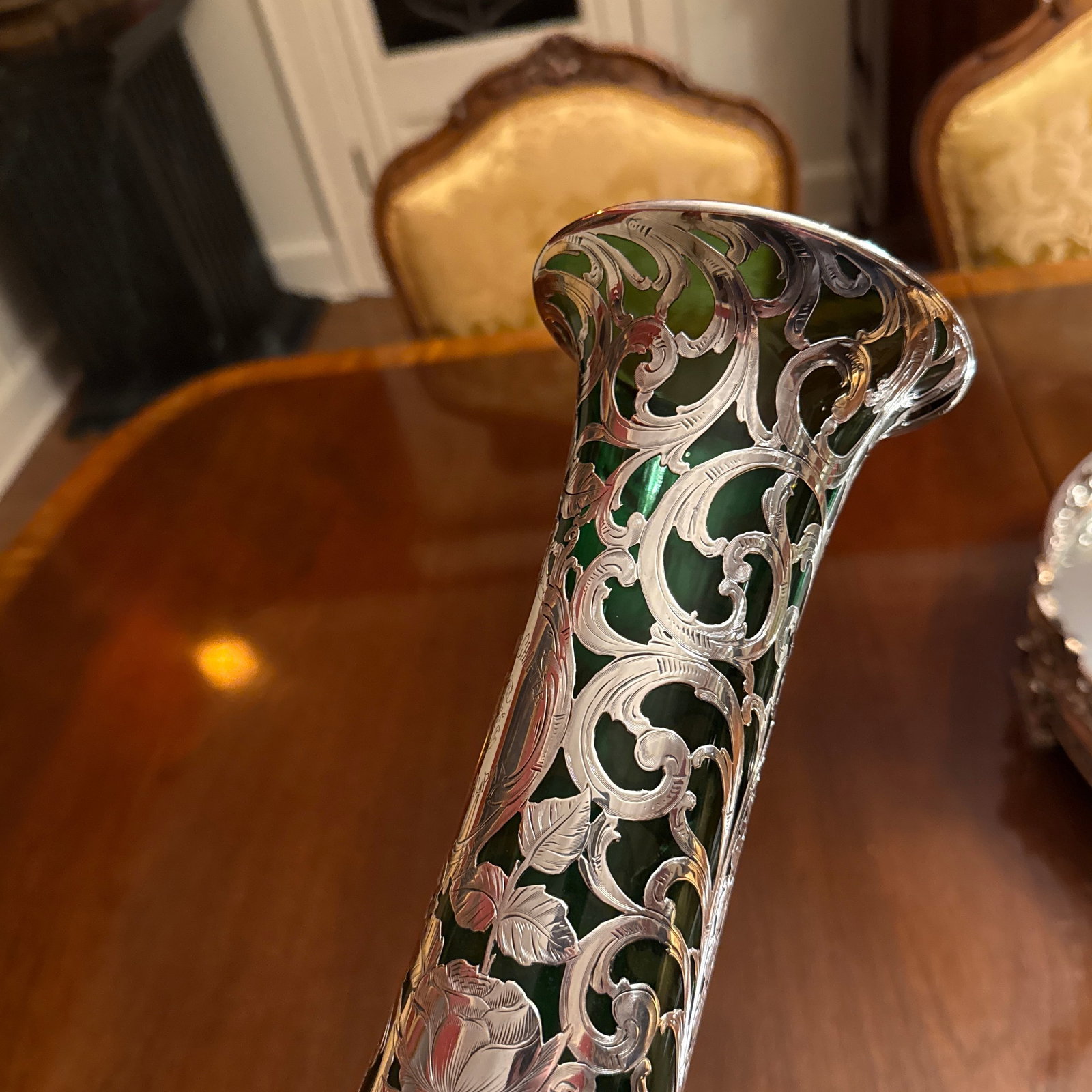 Antique Alvin American Art Nouveau Green Floral Silver Overlay Vase - 5