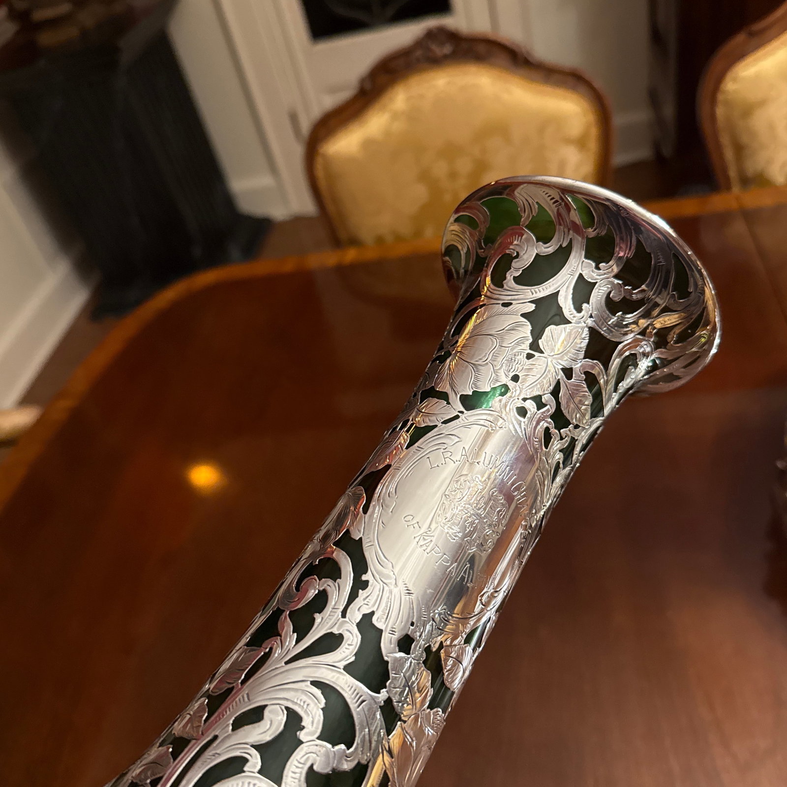 Antique Alvin American Art Nouveau Green Floral Silver Overlay Vase - 6