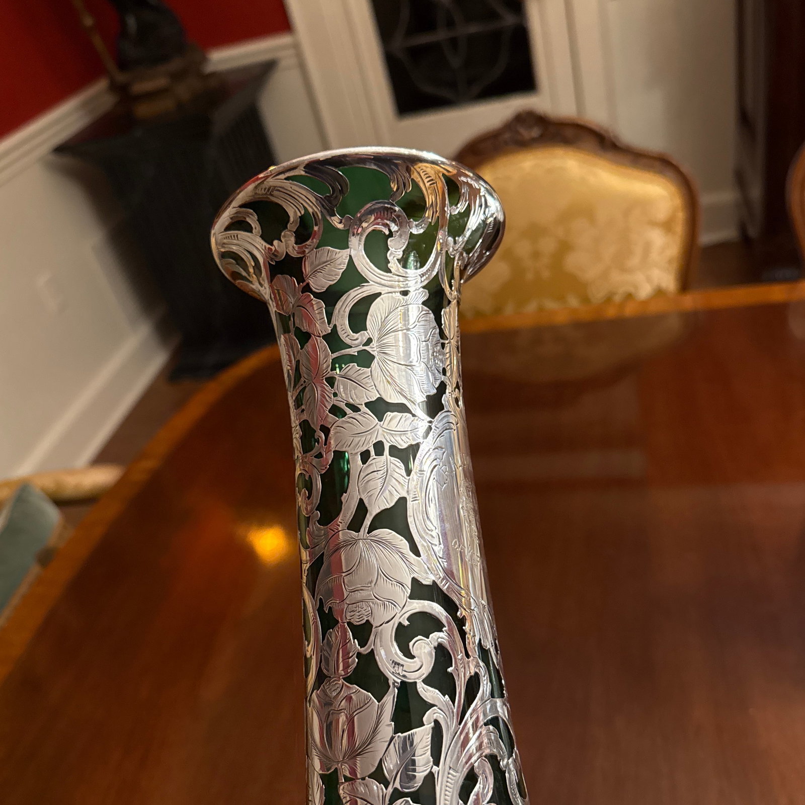Antique Alvin American Art Nouveau Green Floral Silver Overlay Vase - 7