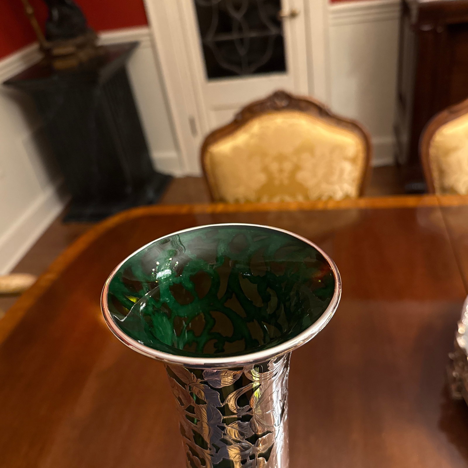 Antique Alvin American Art Nouveau Green Floral Silver Overlay Vase - 8