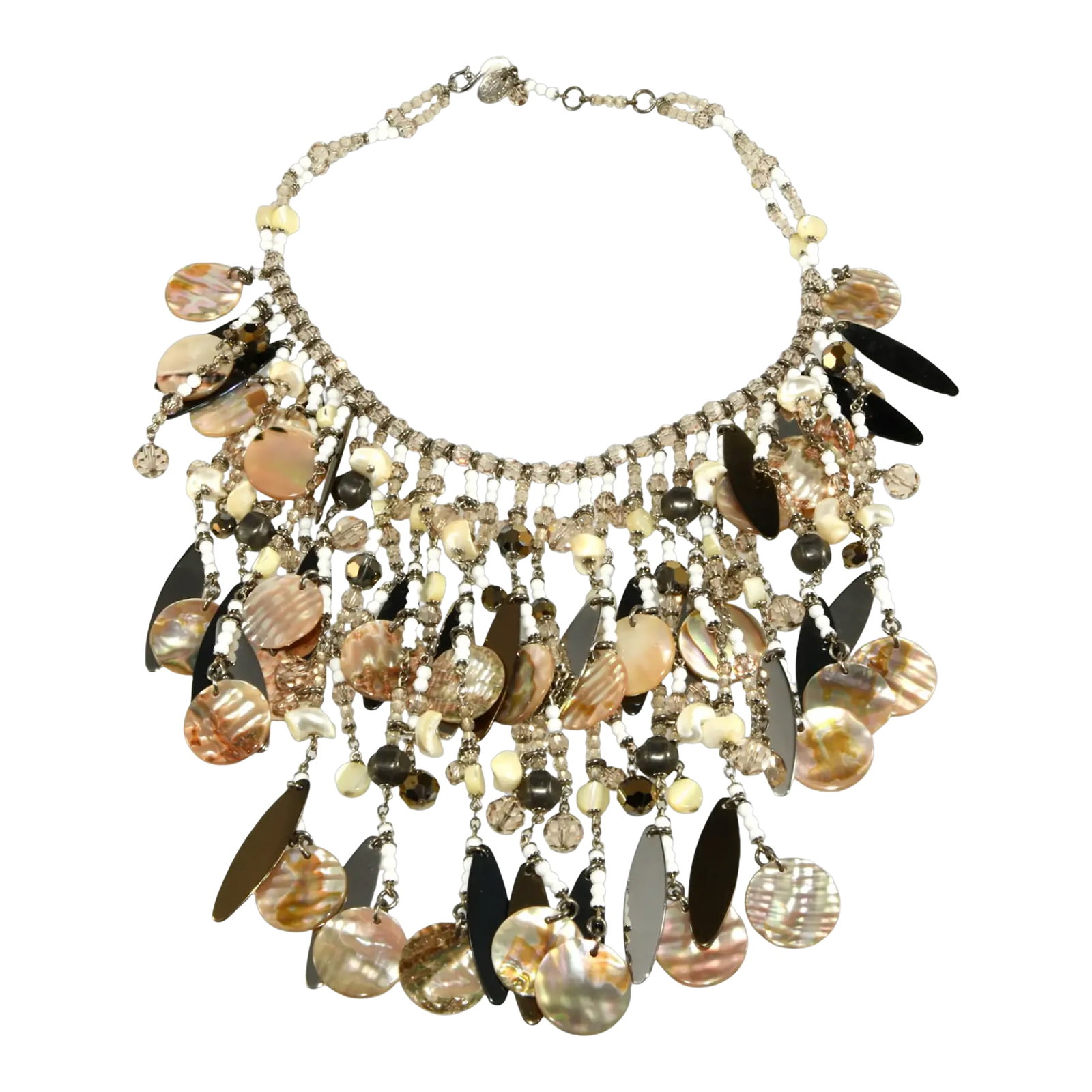 Vintage Daniel Swarovski Waterfall Bib Necklace in Original Box: Waterfall bib necklace filled with dangles comprised of mother of pearl discs, small shells, Swarovski crystal beads, and silver plated oval elements. Fastens with a hook closure. Marked Daniel Swarov