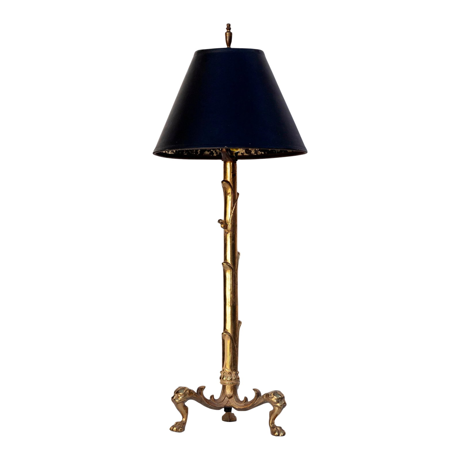 Early 20th Century Converted Brass Andiron Candlestick Lamp on Tripod Base: Slender brass custom made lamp using an antique French brass/bronze andiron. Shade top 4" Bottom 8" Height 7" Condition: Alterations: Original Design Modified Imperfections: Some Imperfections