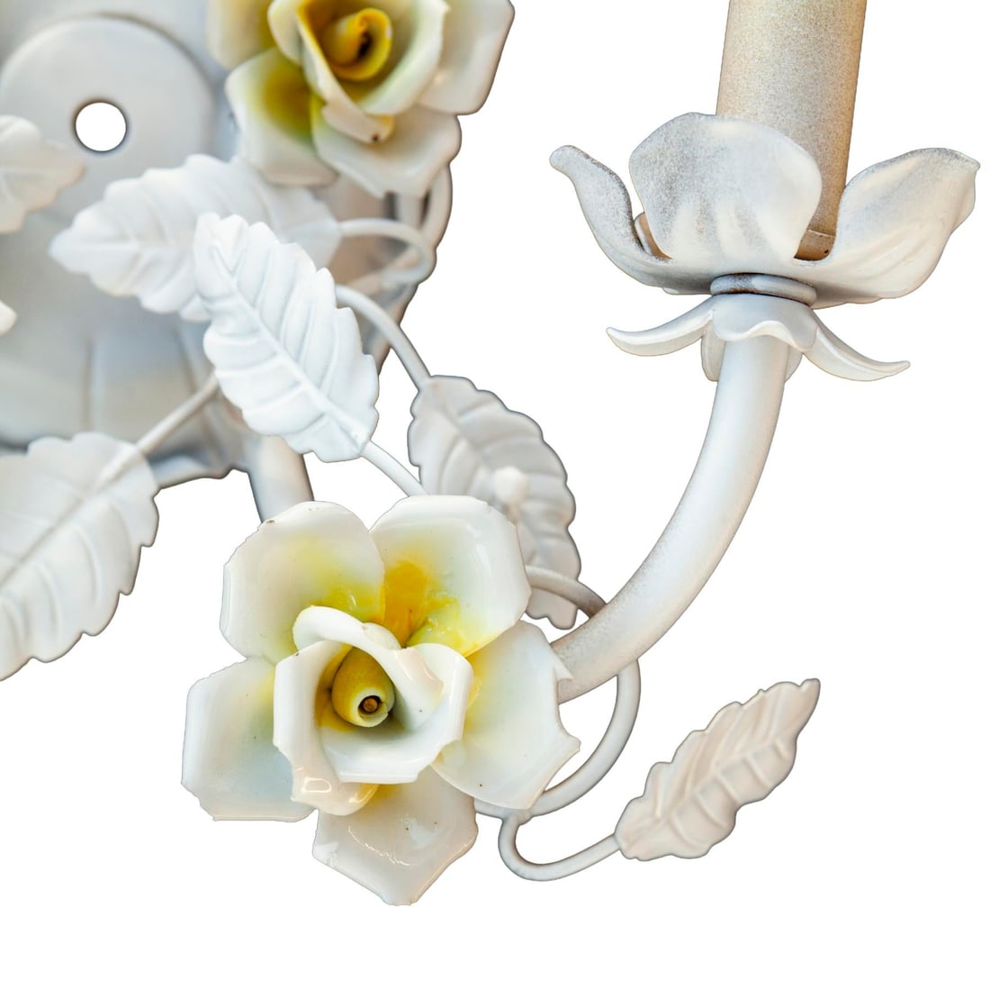 Mid 20th Century Electrified Wall Sconces With Ceramic Flowers & Metal Leaves; A Pair - 10