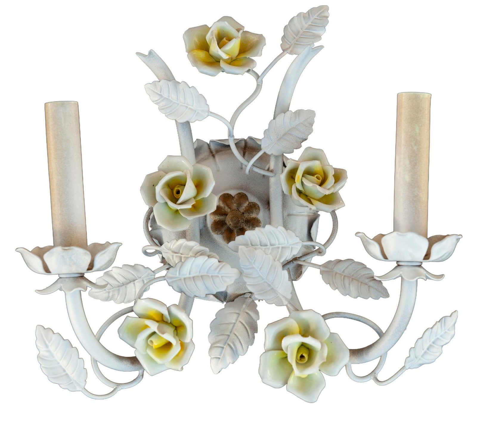 Mid 20th Century Electrified Wall Sconces With Ceramic Flowers & Metal Leaves; A Pair - 11