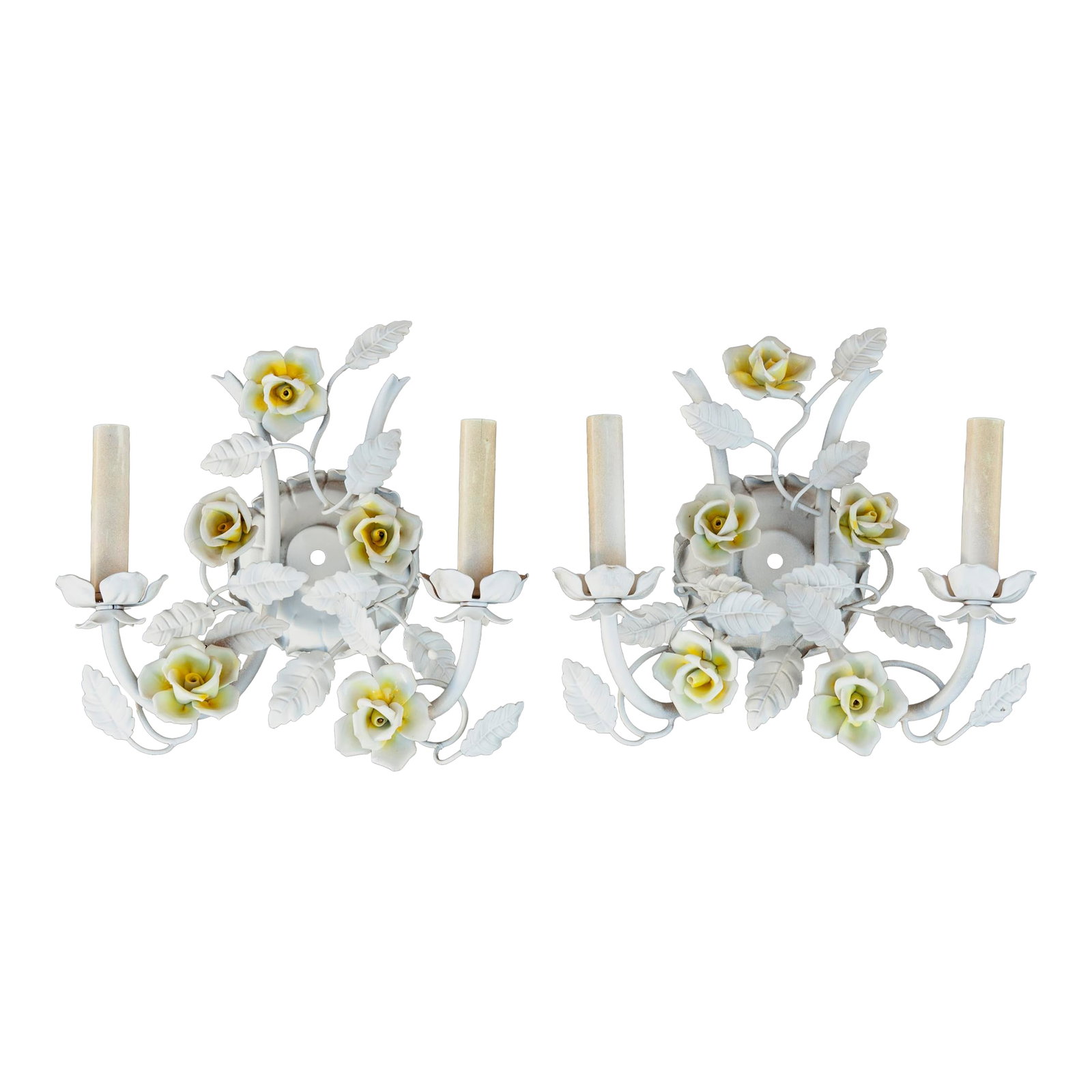 Mid 20th Century Electrified Wall Sconces With Ceramic Flowers & Metal Leaves; A Pair (1 of 11)