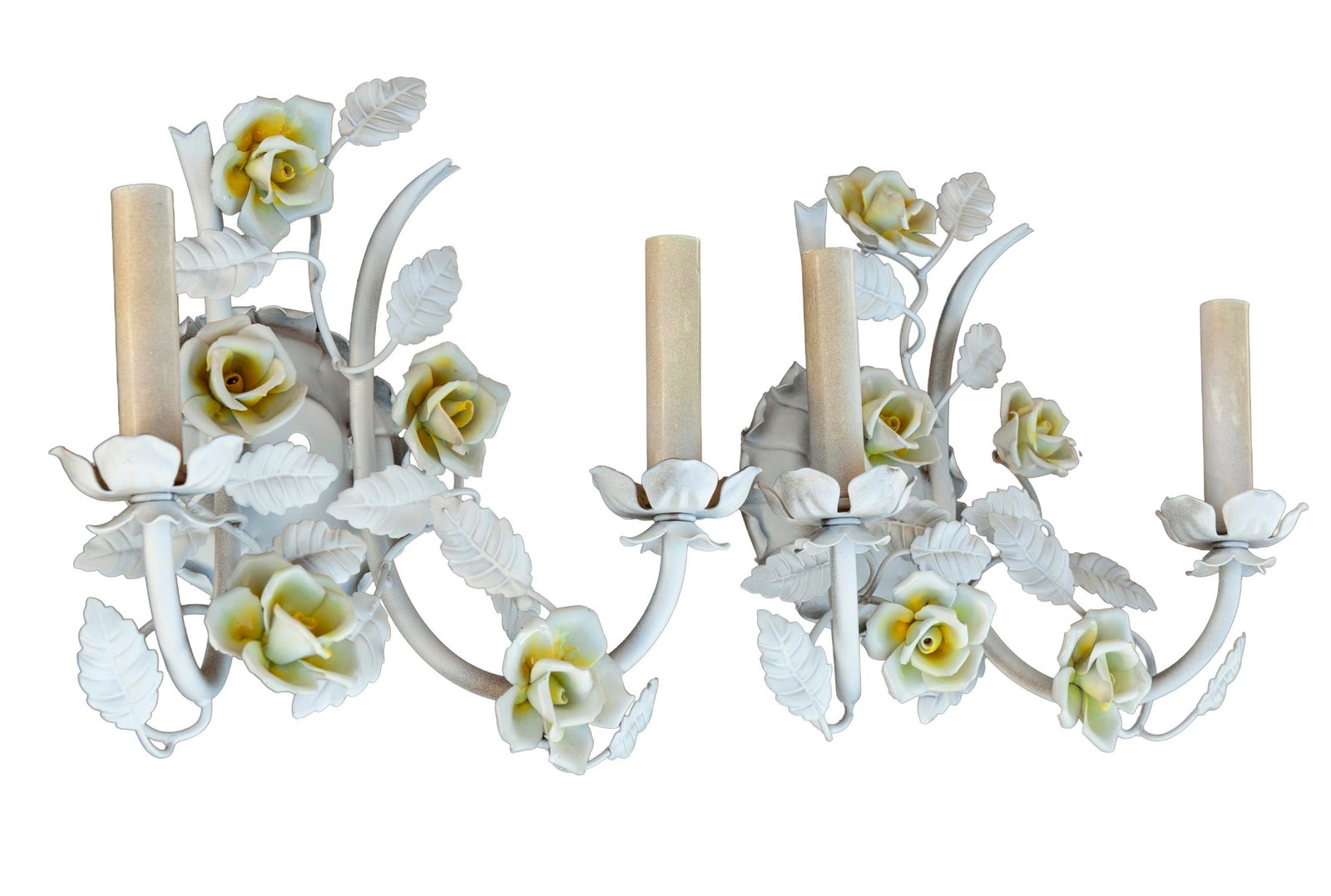 Mid 20th Century Electrified Wall Sconces With Ceramic Flowers & Metal Leaves; A Pair - 2