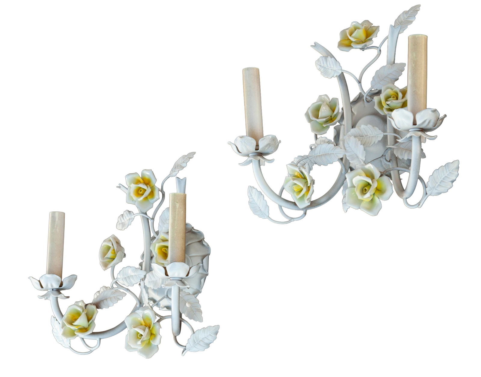 Mid 20th Century Electrified Wall Sconces With Ceramic Flowers & Metal Leaves; A Pair - 3