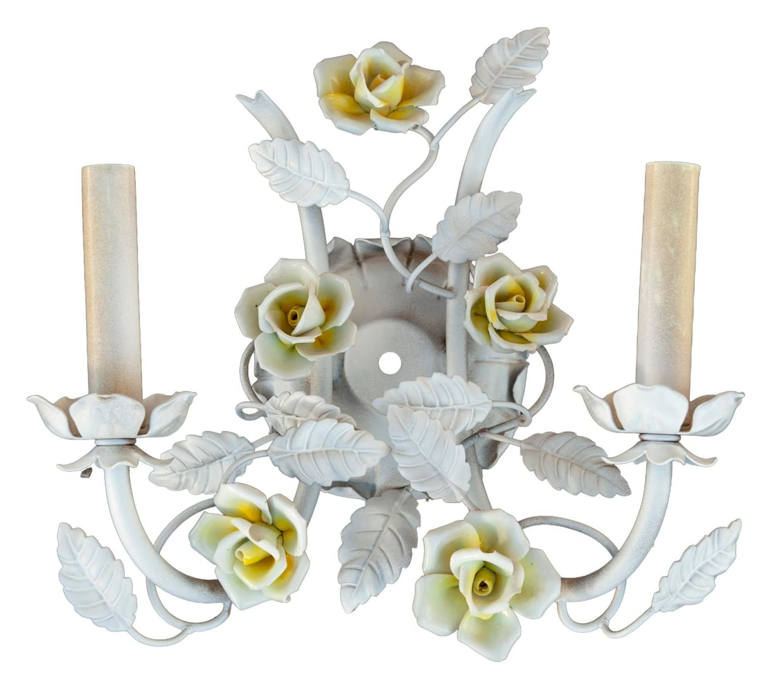 Mid 20th Century Electrified Wall Sconces With Ceramic Flowers & Metal Leaves; A Pair - 4