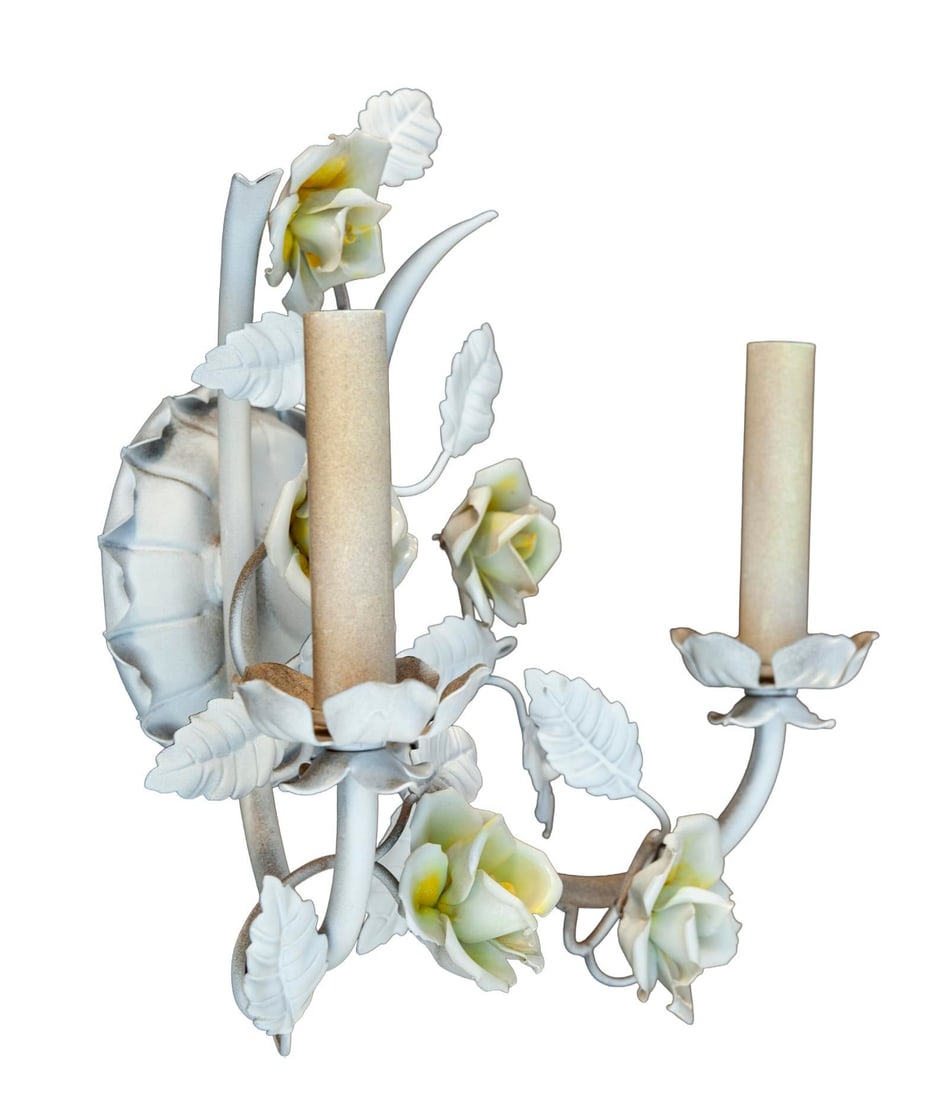 Mid 20th Century Electrified Wall Sconces With Ceramic Flowers & Metal Leaves; A Pair - 5