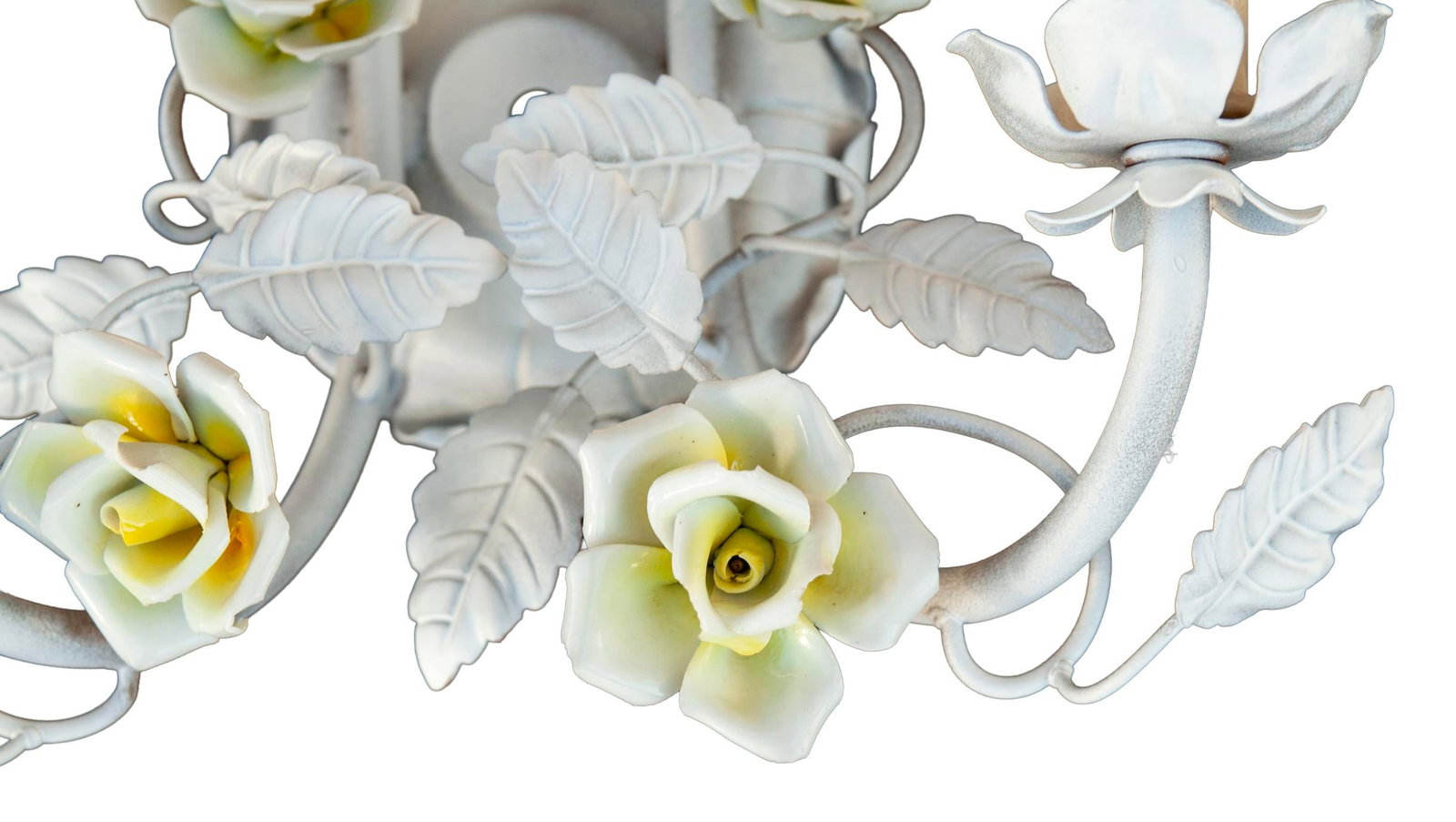 Mid 20th Century Electrified Wall Sconces With Ceramic Flowers & Metal Leaves; A Pair - 6
