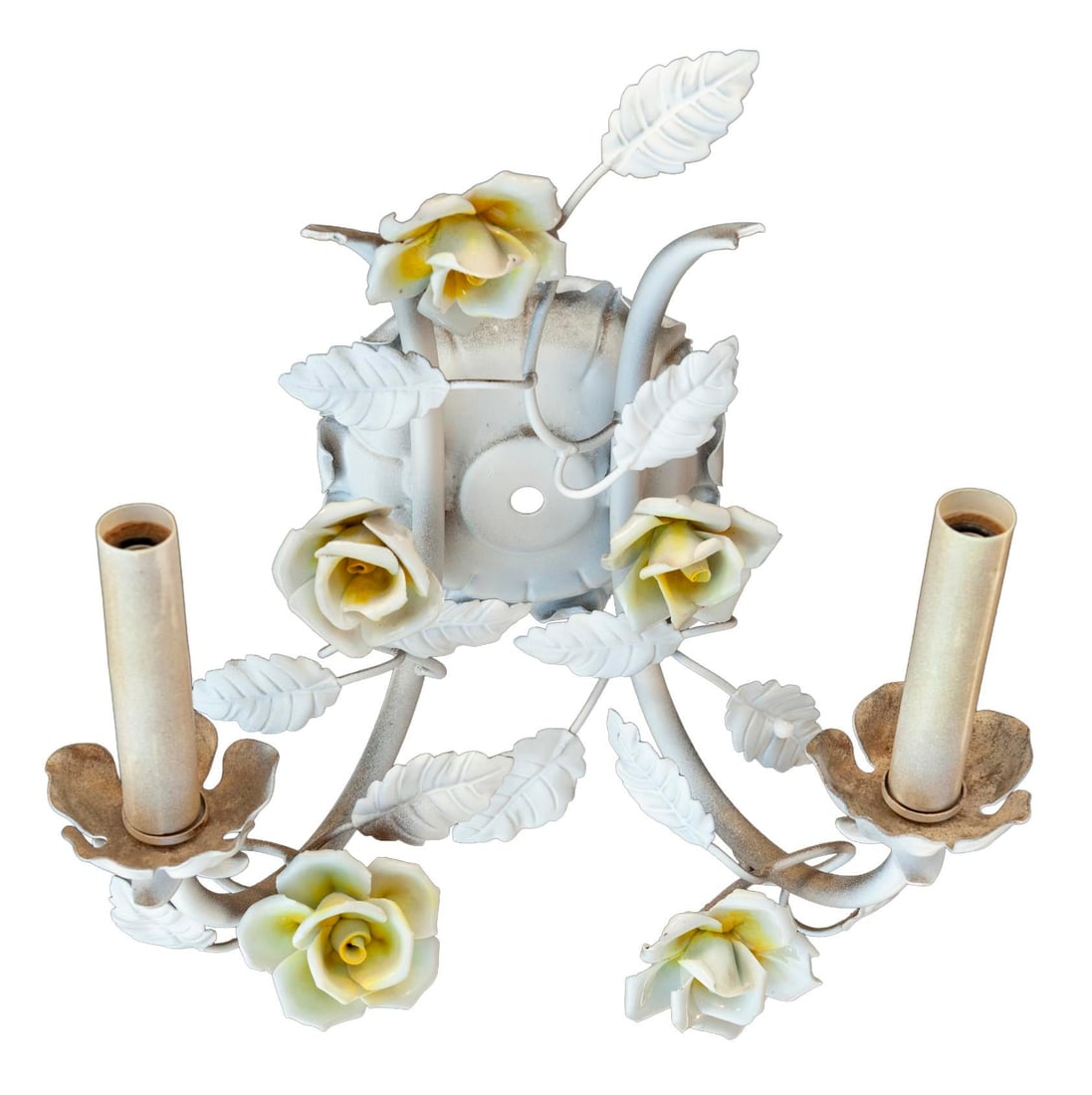 Mid 20th Century Electrified Wall Sconces With Ceramic Flowers & Metal Leaves; A Pair - 8