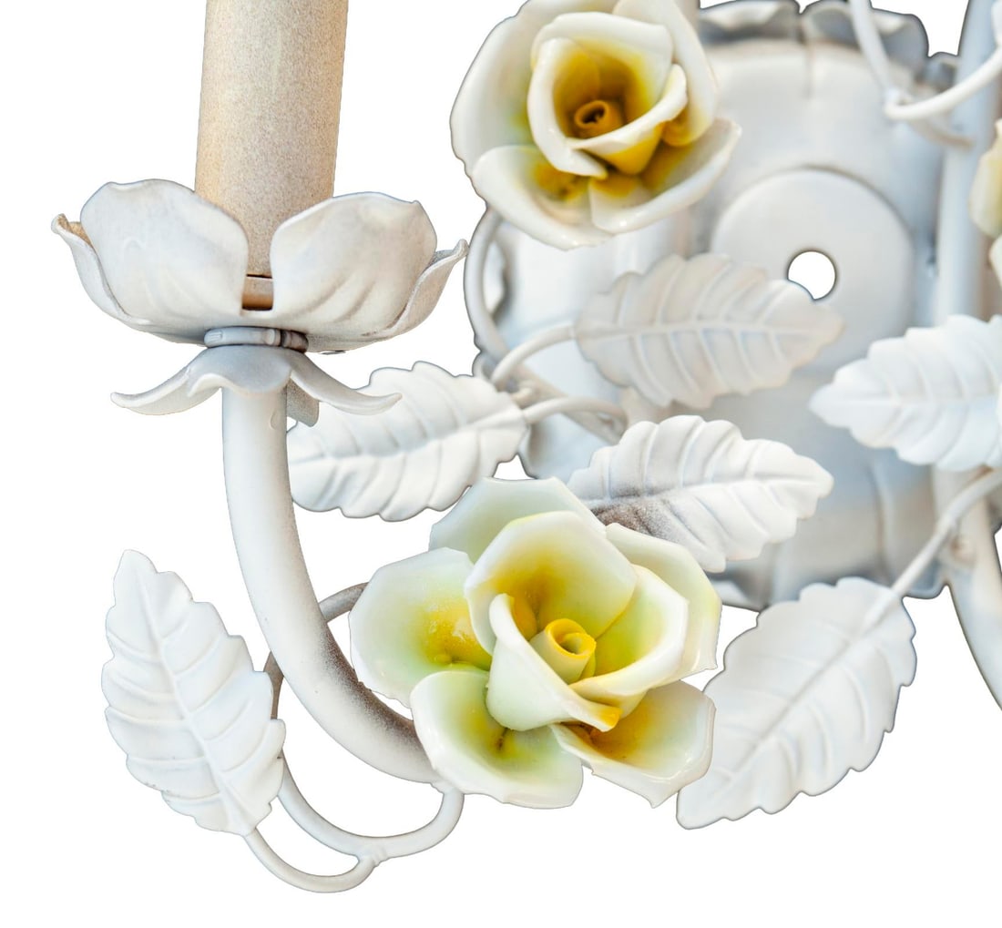 Mid 20th Century Electrified Wall Sconces With Ceramic Flowers & Metal Leaves; A Pair - 9